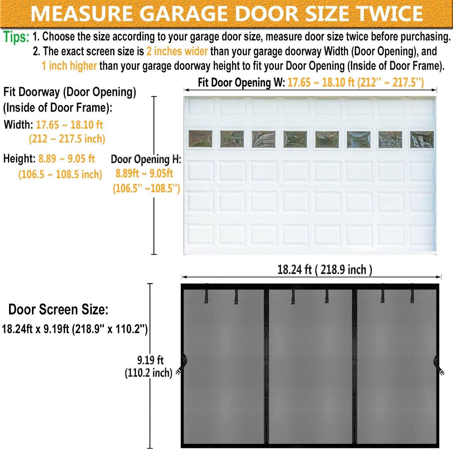 Magnetic Garage Door Screen 18x9ft for 2 Car Garage Retractable, Durable Heavy Duty Fiberglass Screen Mesh with Strong Magnets for Garage Door, Easy to Install (18x9ft Black)