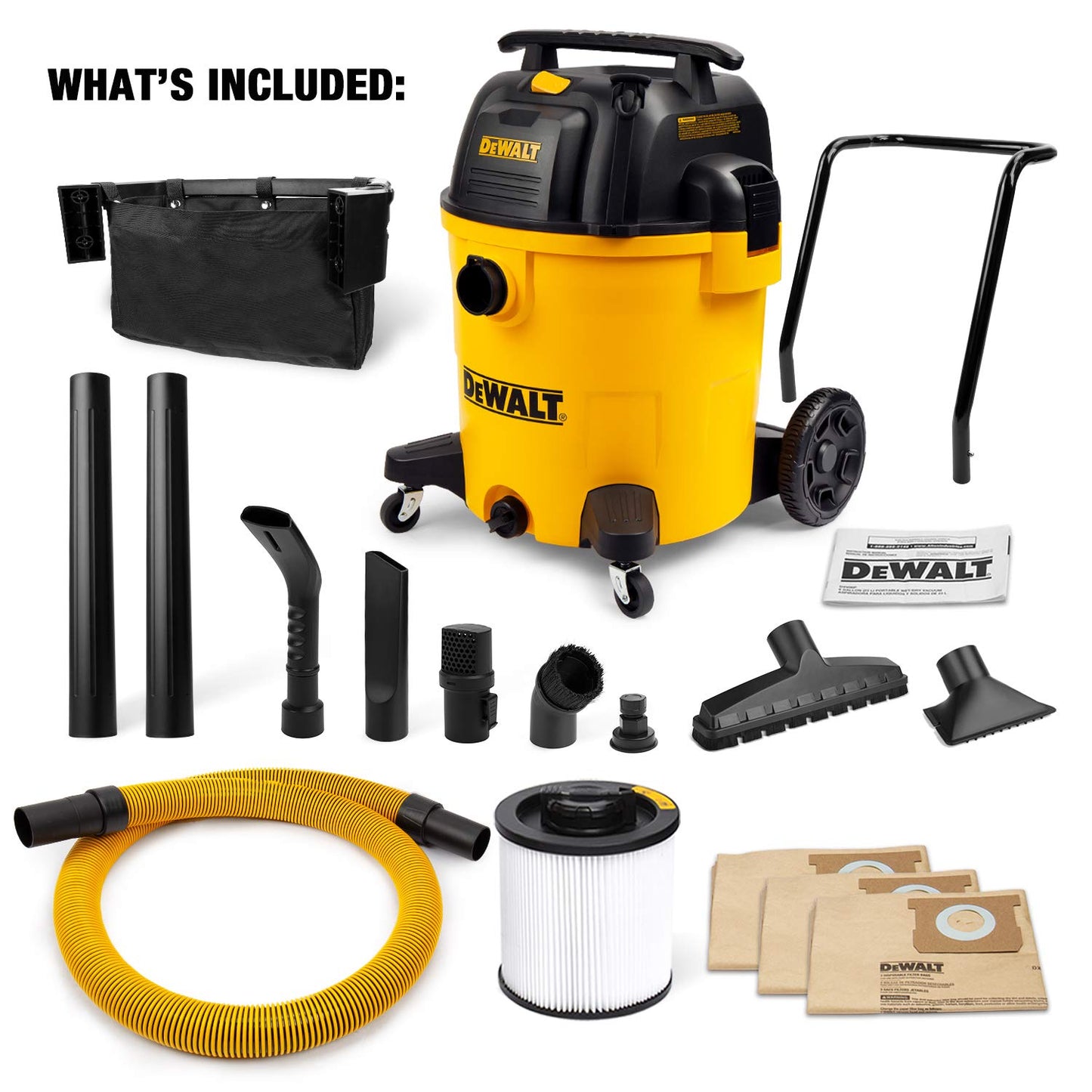 DEWALT DXV16PA 16 Gallon Poly Wet/Dry Vac/Acc, 6.5HP Shop Vacuum Wet/Dry for Jobsite/Workshop, Yellow
