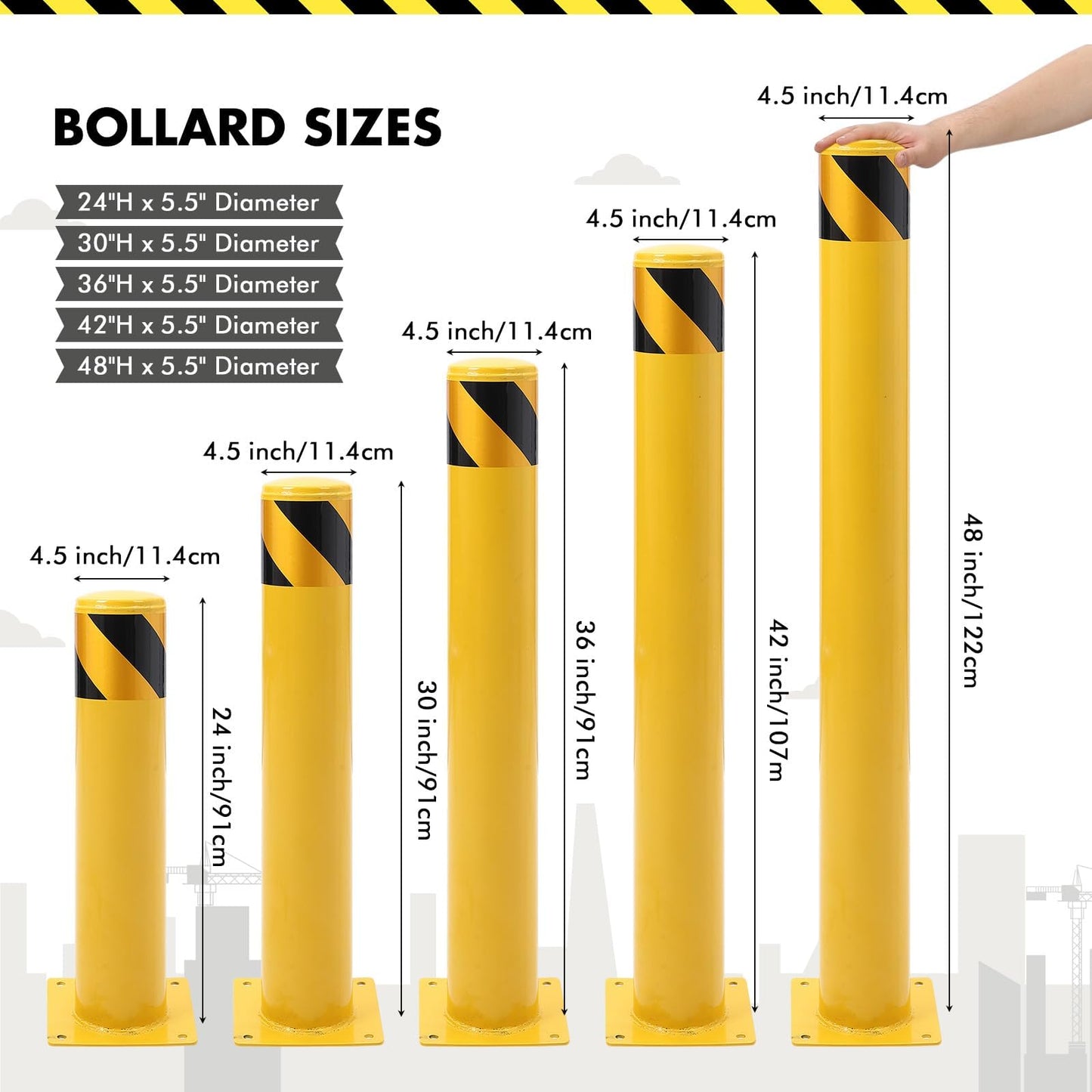 6 Pack fety Bollard, 30 x 4.5 Inch Steel Bollard Post, Yellow Parking Post, Removable Safety Barrier with Anchor Bolts, High Visibility Driveway Barrier for Construction, Traffic Control, Warehouses