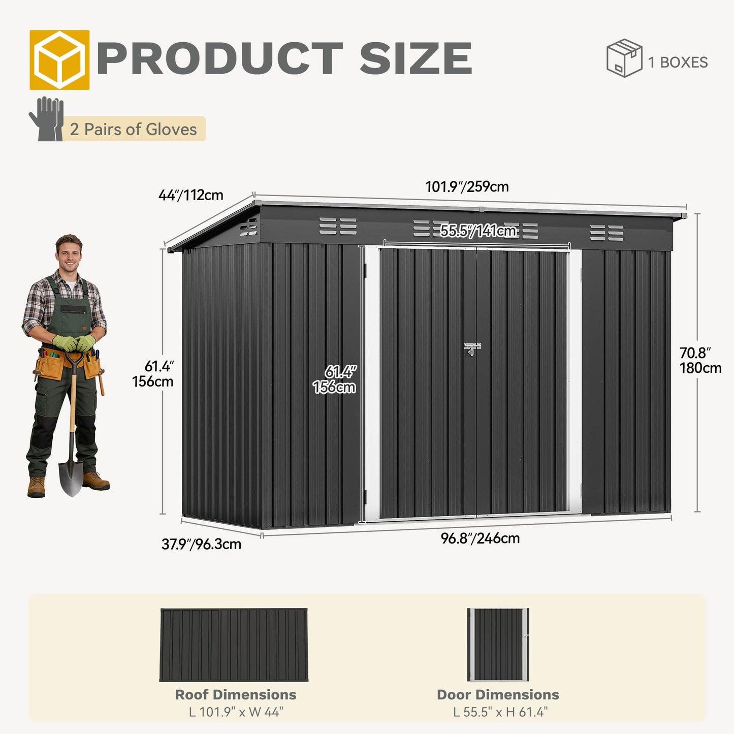 DWVO 8.5' x 3.5' Outdoor Storage Shed, Lockable Double Doors, Sloped Roof, Heavy-Duty Steel Shed for Garden & Patio, Large Backyard Tool Organizer, Dark Gray
