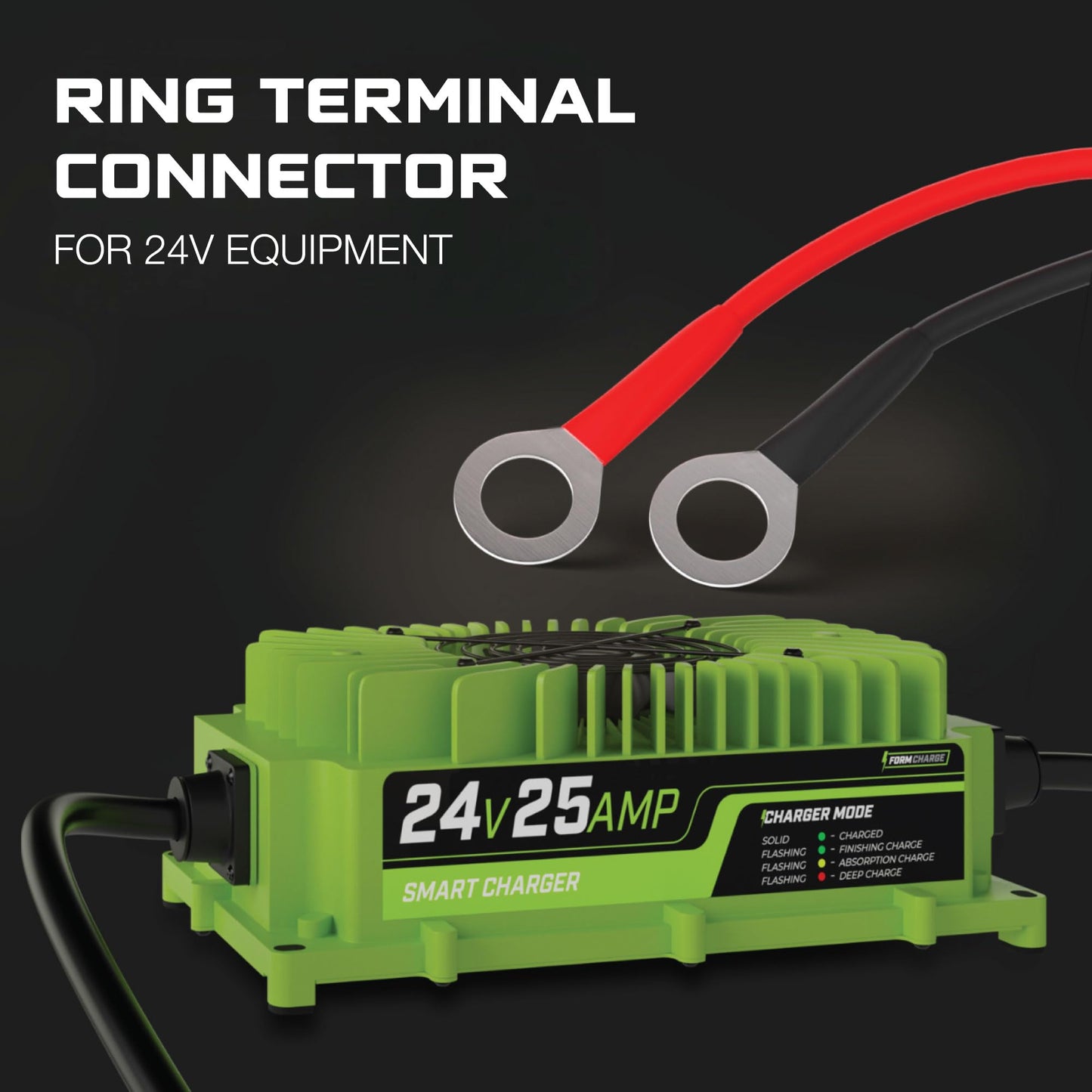 FORM 24 Volt Battery Charger for Genie Skyjack, JLG Scissor Lift, Forklift, Electric Pallet Jack, Floor Scrubber - 24V 25A (Ring Terminals)
