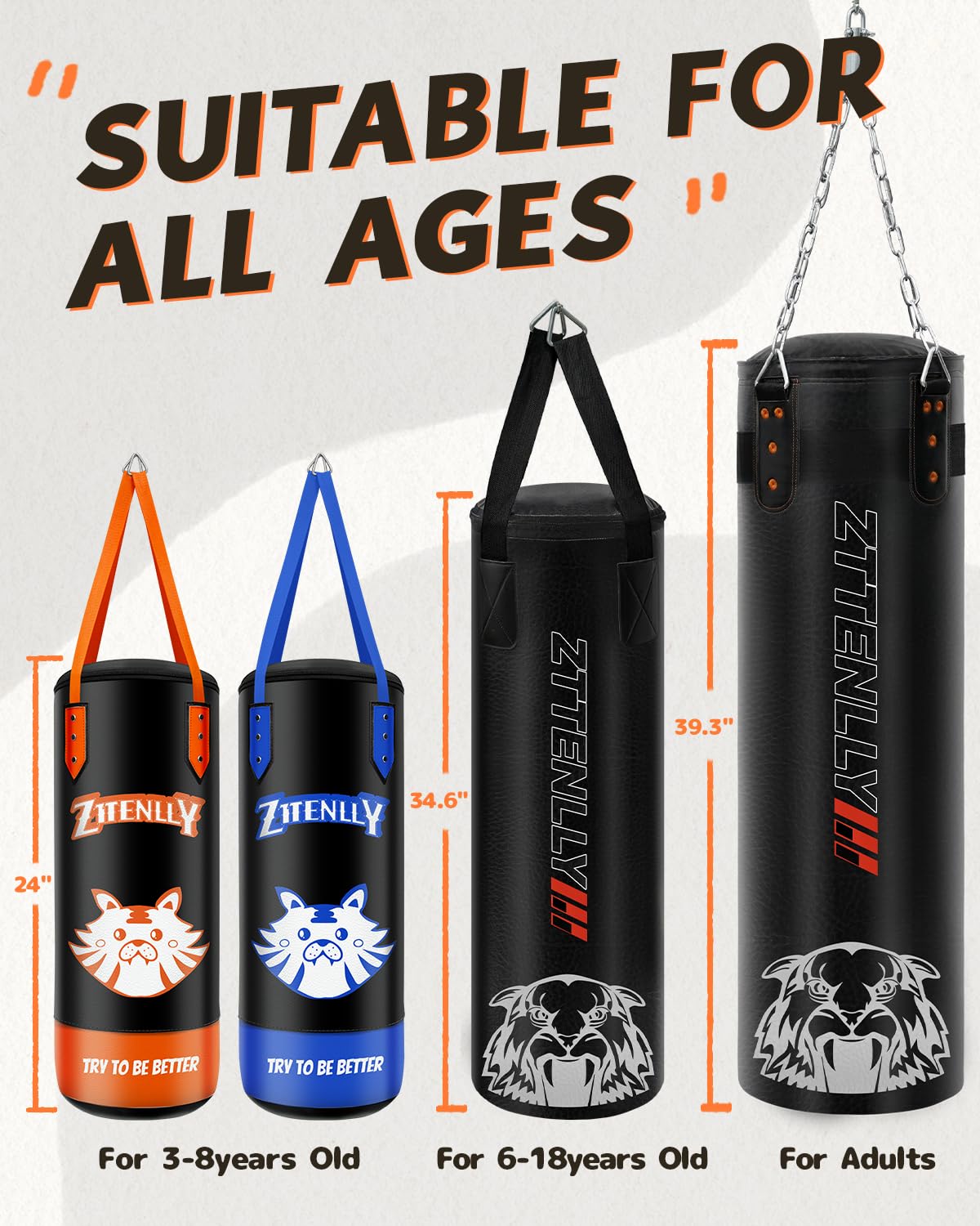 ZTTENLLY Kids Punching Bag with Gloves - PU Leather & Adjustable Height Strap - Boxing Bag Set for 3-8 Years Kids Great for Boxing, MMA, Kickboxing （Unfilled）