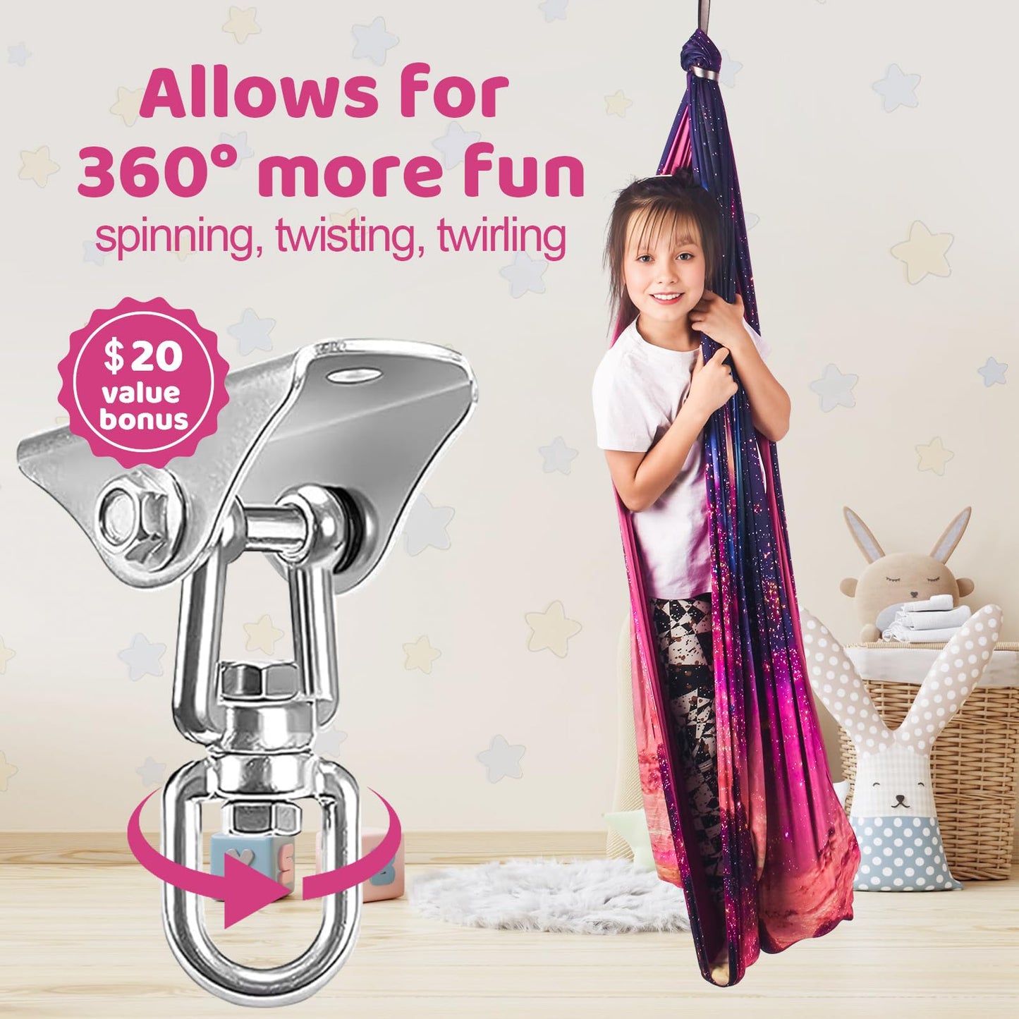 HiCamer Double Layer Sensory Swing for Kids & Adults Holds up to 300lbs Indoor and Outdoor Therapy Cuddle Swing with 360° Swivel Hanger Kit Adjustable with Aspergers Autism ADHD (Fantasy Pink)