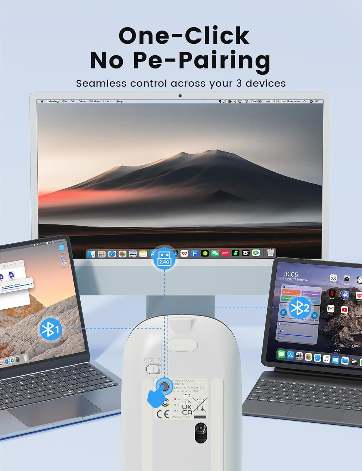 SABLUTE M31 3 5.2 2.4G), Bluetooth Mouse for MacBook Pro/Air, iPad - Rechargeable Tri-Mode Wireless Mouse for Devices