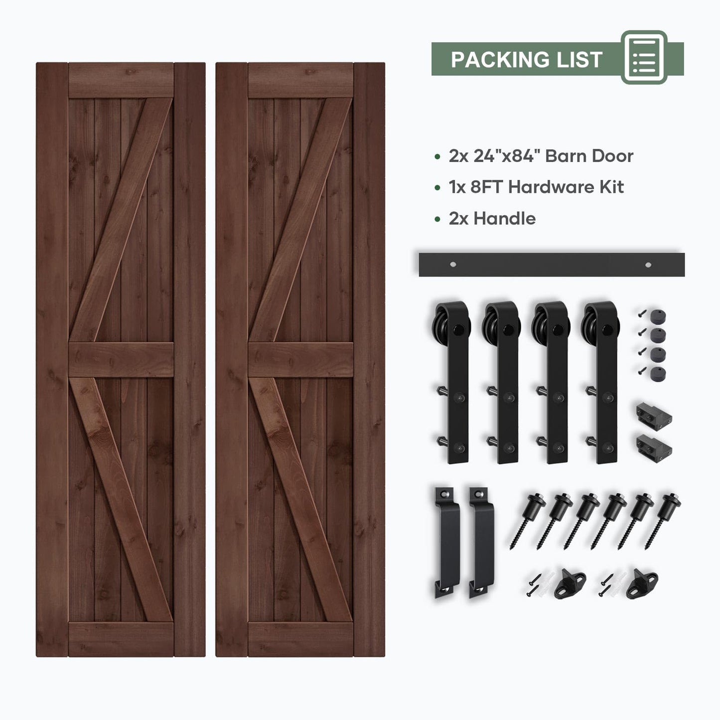 ROYMELO 48x84 inch (Double 24×84 inch Door) Sliding Barn Wood Door Slab with 8ft Hardware Kit and Handle, Coffee, K Shape, Simple DIY Assembly