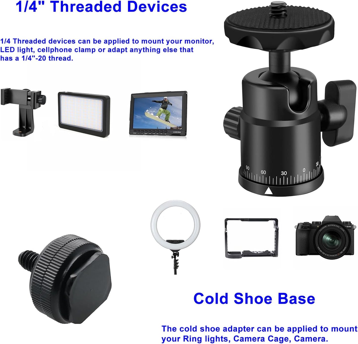 EszkozTA 1/4" 360 Universal Swivel Mini Ball Head Screw Tripod Mount with Hot Shoe Mount, Panoramic Rotating Mount Base