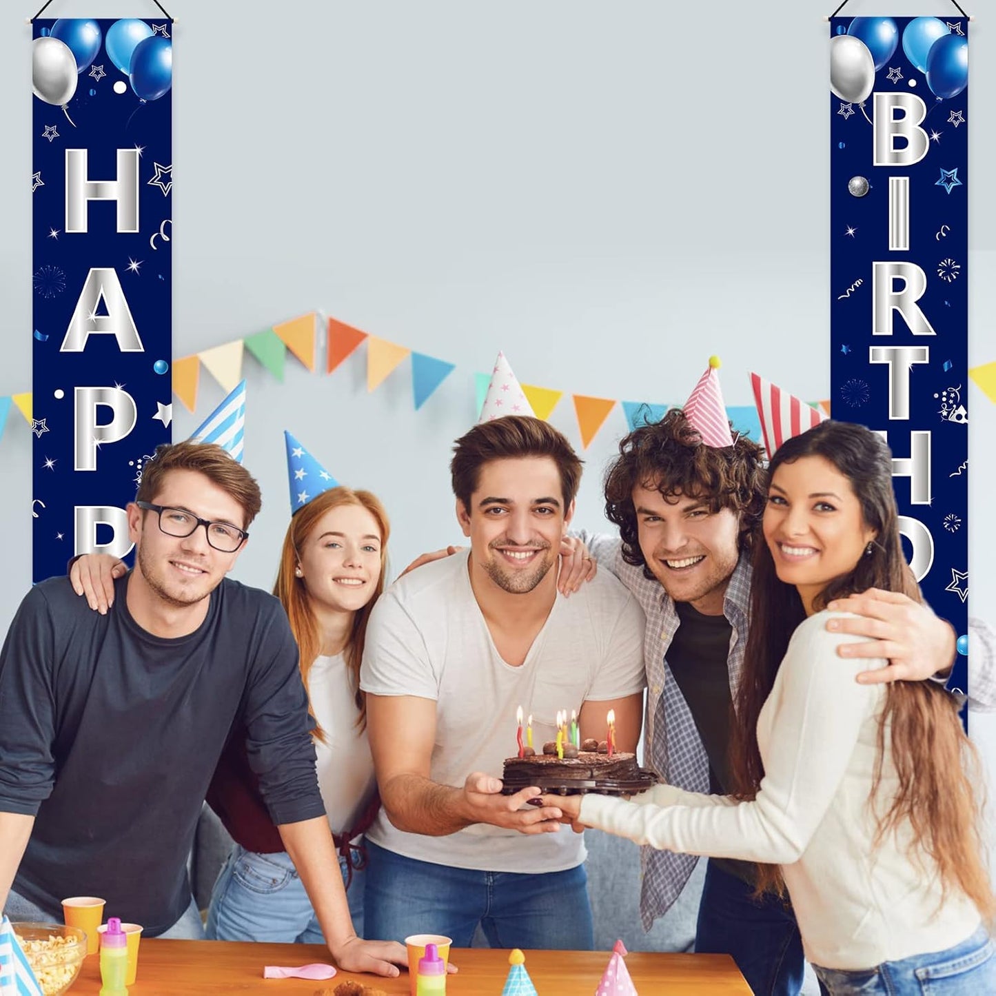 Turypaty Happy Birthday Door Banner - Blue & Silver Decorations for Men & Boys | Perfect for All Ages