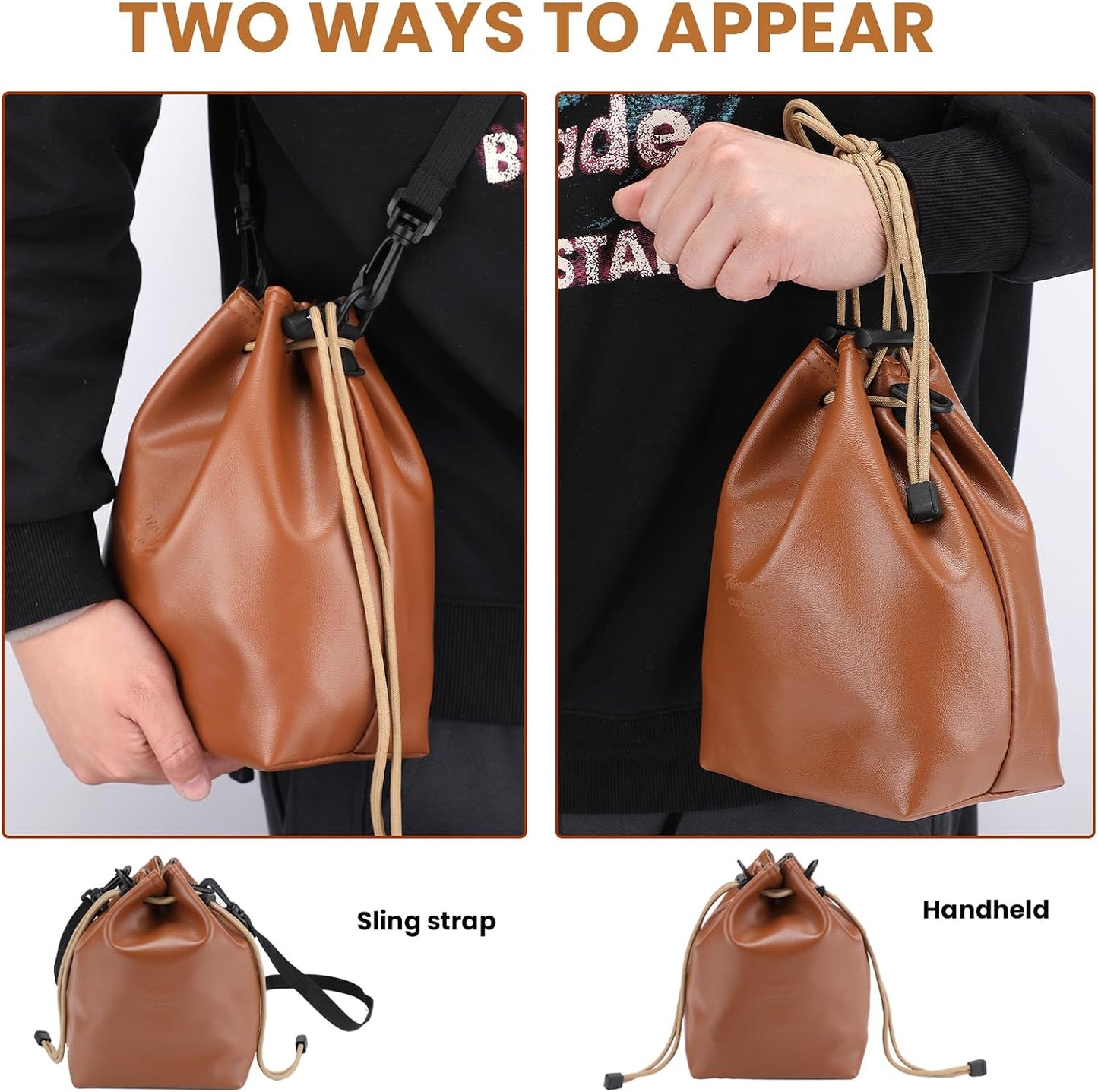Gabrella Drawstring Camera Bag, Brown Leather Camera Bag with Protective Interior, Comfortable Travel Camera Storage