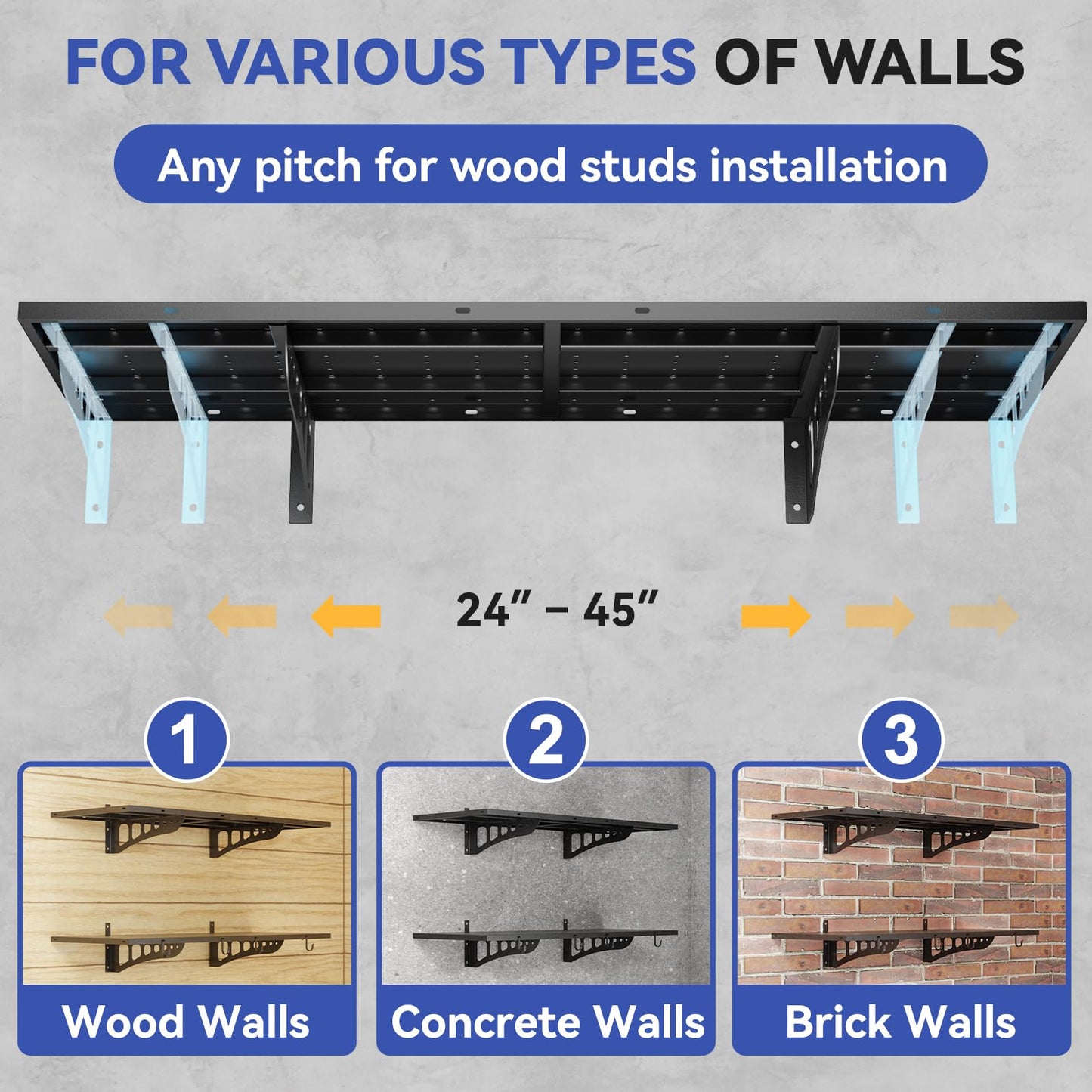 Gsskny 2-Pack 1.5 * 4ft Heavy Duty Garage Wall Shelving, 500 lbs Load Capacity, Garage Shelving Wall Mounted,Heavy Duty Garage Storage Shelves with Hooks