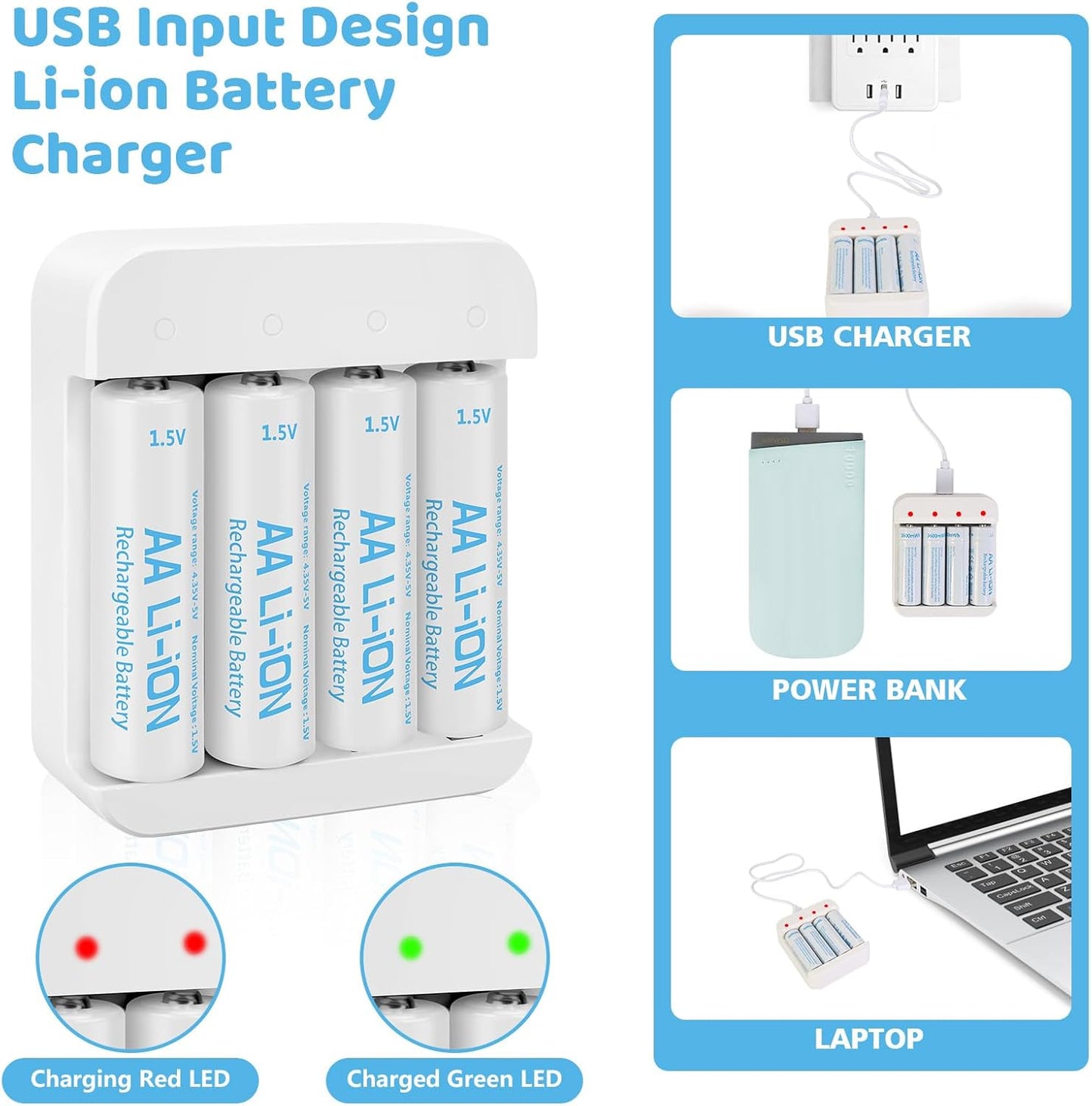 winbasic 1.5V (4-Bay 3600mWh (4 Pack) Rechargeable Lithium AA Batteries with Charger Independent Slot), Long Lasting