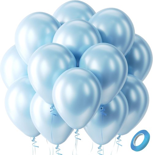 Bezente Pearl Light Blue Latex Balloons - 100 Pack 12-Inch Round Helium Balloons for Parties & Events