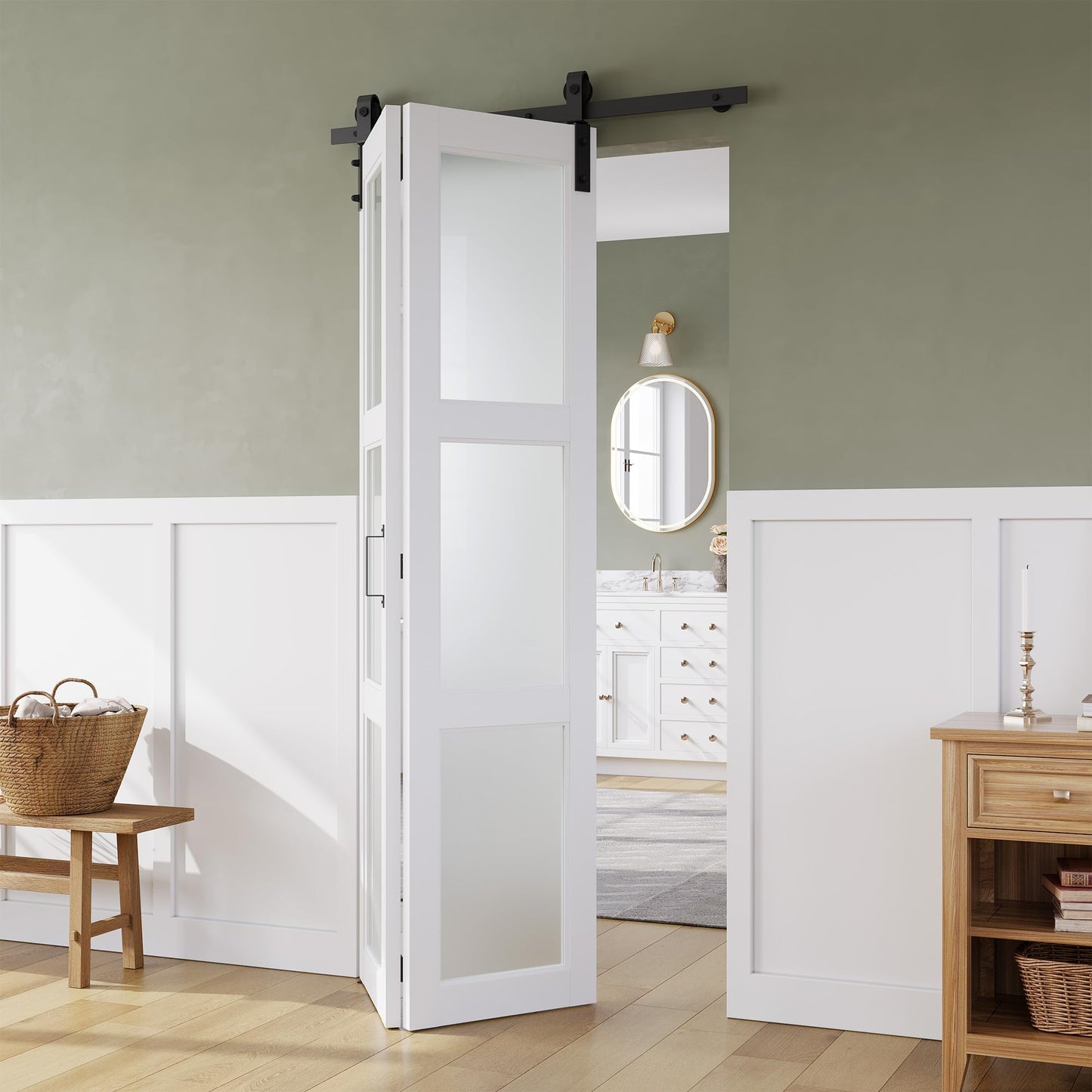 SMARTSTANDARD 30in x 84in Bifold Barn Door, Frosted Glass Barn Door with Hardware Kit Included, Pre-Drilled Holes Easy Assembly -Solid Barn Doors Slab Covered with Water-Proof PVC Surface, White