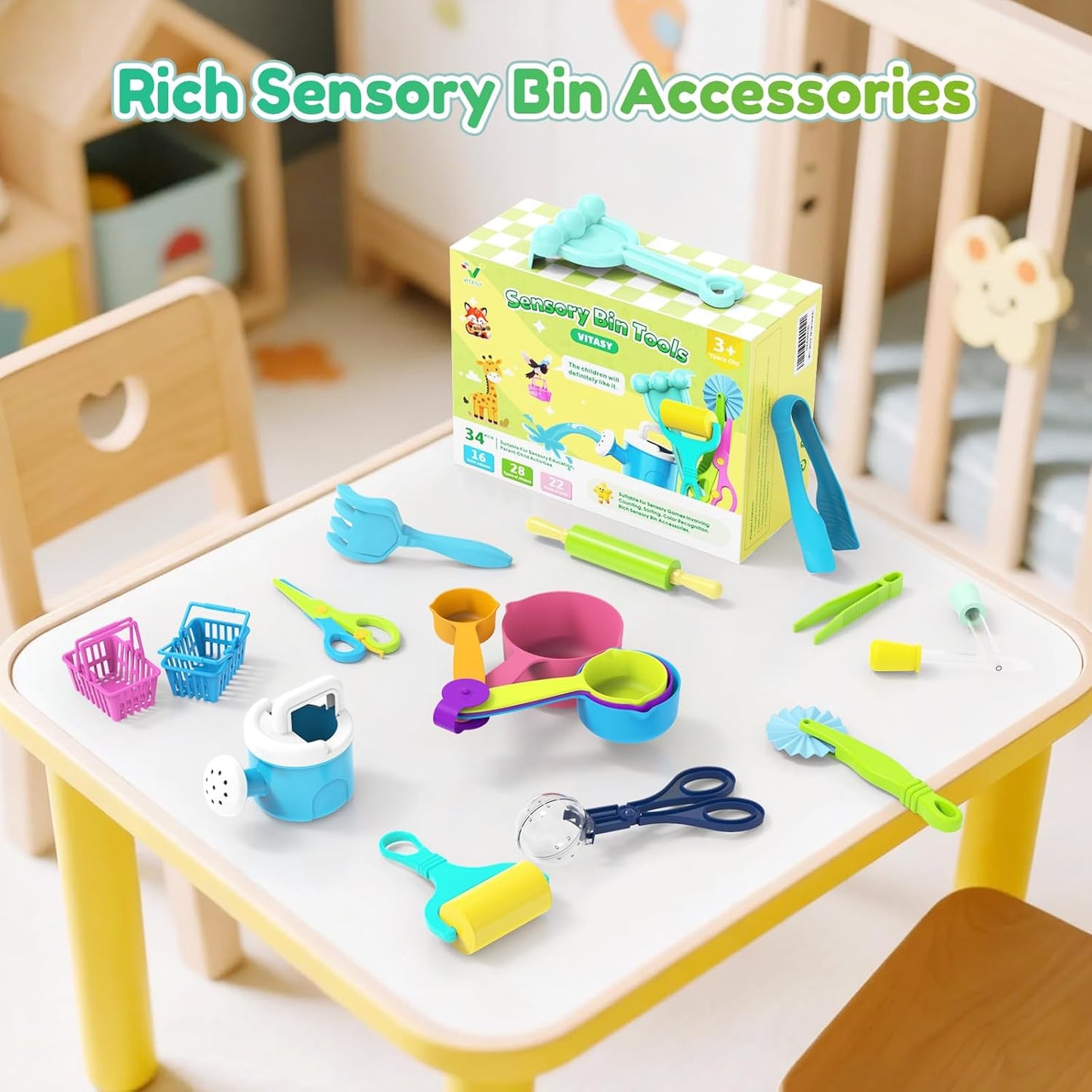 Skiennix 34PCS Sensory Bin Filler Tools - Fine Motor Skills Scooper Set with Scoops & Tweezers
