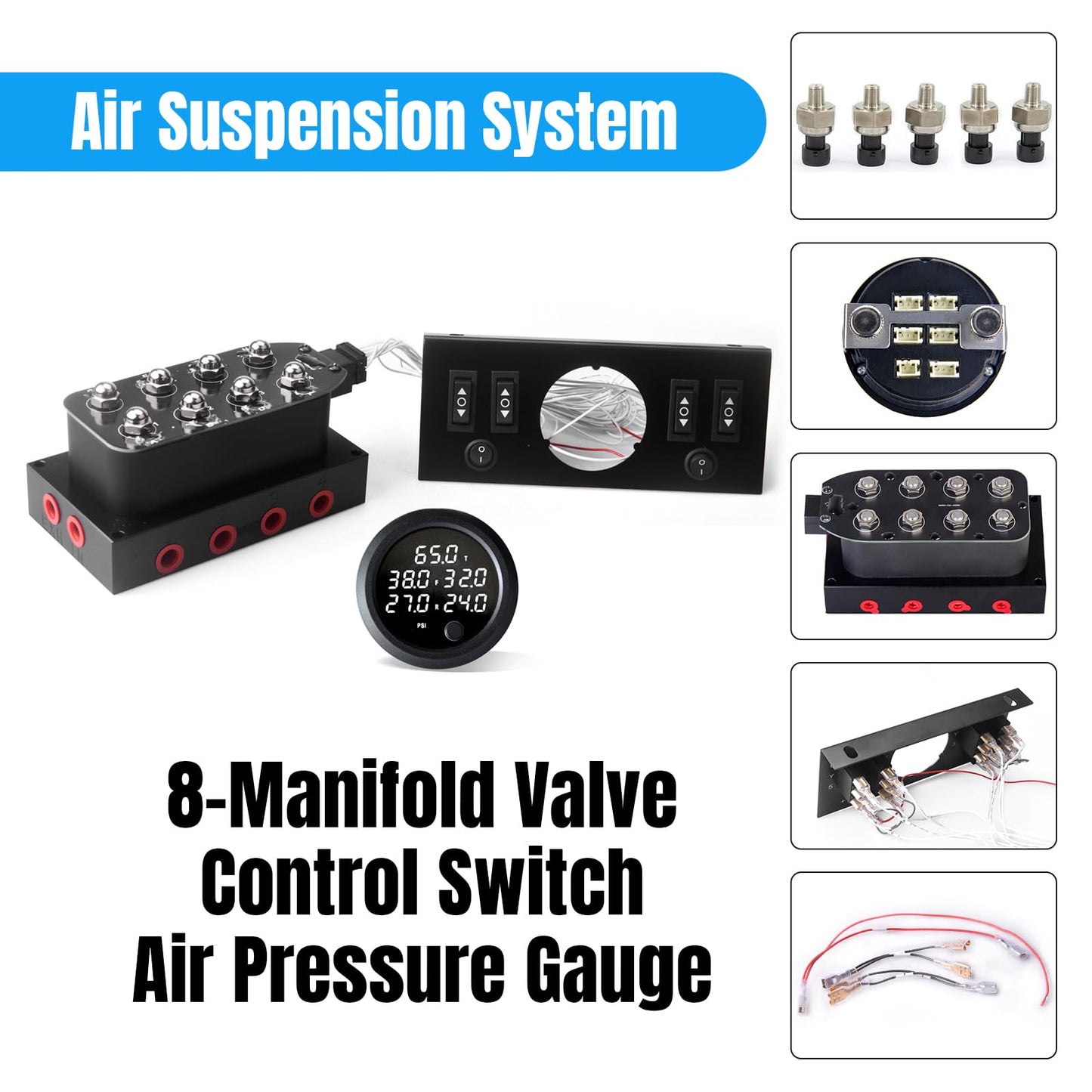 New Upgrade 12V Solenoid 8-Valve Air Ride Suspension Manifold Valve with Simplify Control Panel Ship Type Switch, Equipped with Five Display air Pressure Gauge White