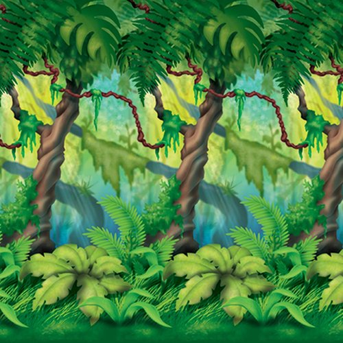 Beistle Jungle Trees Wall Backdrops, 4’ x 30’, 2 Pack – Photo Backdrop, Easy to Adhere Wall Covering, Tropical Party Decorations, Jungle Party Decorations, Greenery Backdrop, Party Decor