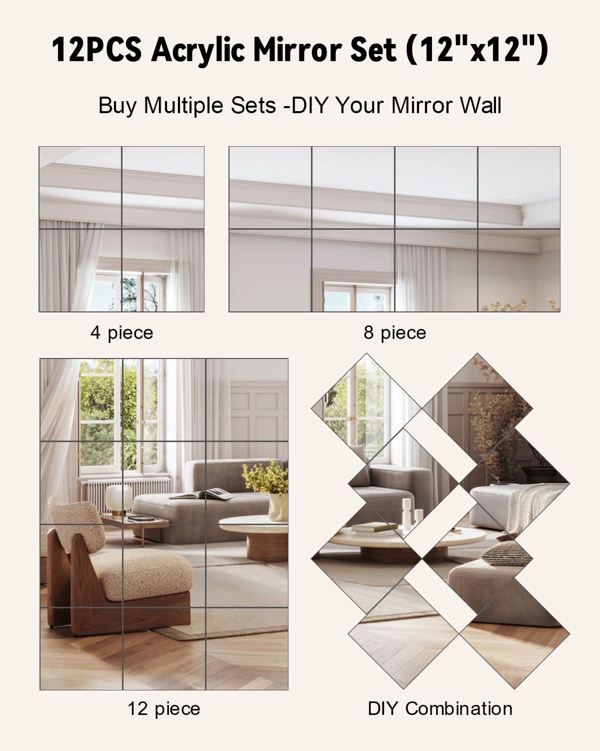 Home Gym Mirrors 12 Inch x 12Pcs Full Length Mirror Tiles Acrylic Unbreakable Wall Mounted Mirror Frameless Full Length for Home Gym, Bedroom, Door