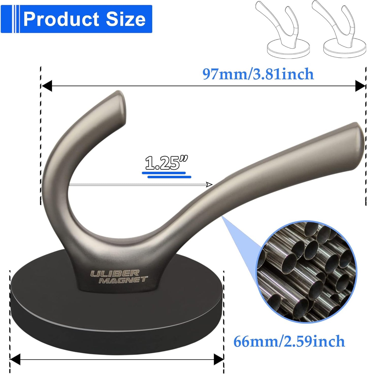 ULIBERMAGNET Strong Magnetic Double Hooks - Heavy Duty Coat Hangers, 2 Pack, Brushed Nickel Finish