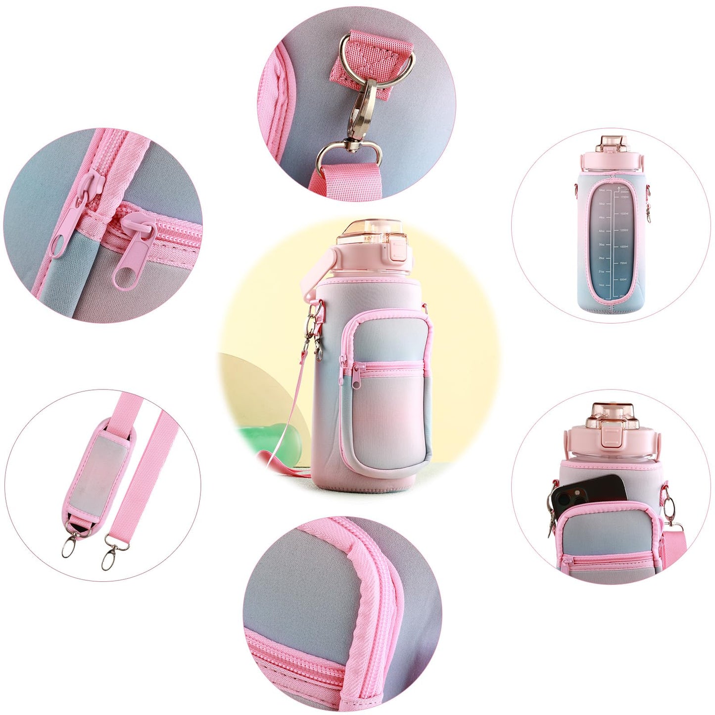 Half Gallon Water Bottle with Sleeve & Strap 64 OZ Motivational Water Bottles with Straw Large Wide Mouth Water Jug with Time Marker for Fitness, Gym and Outdoor Sports, Leak-proof & BPA Free,