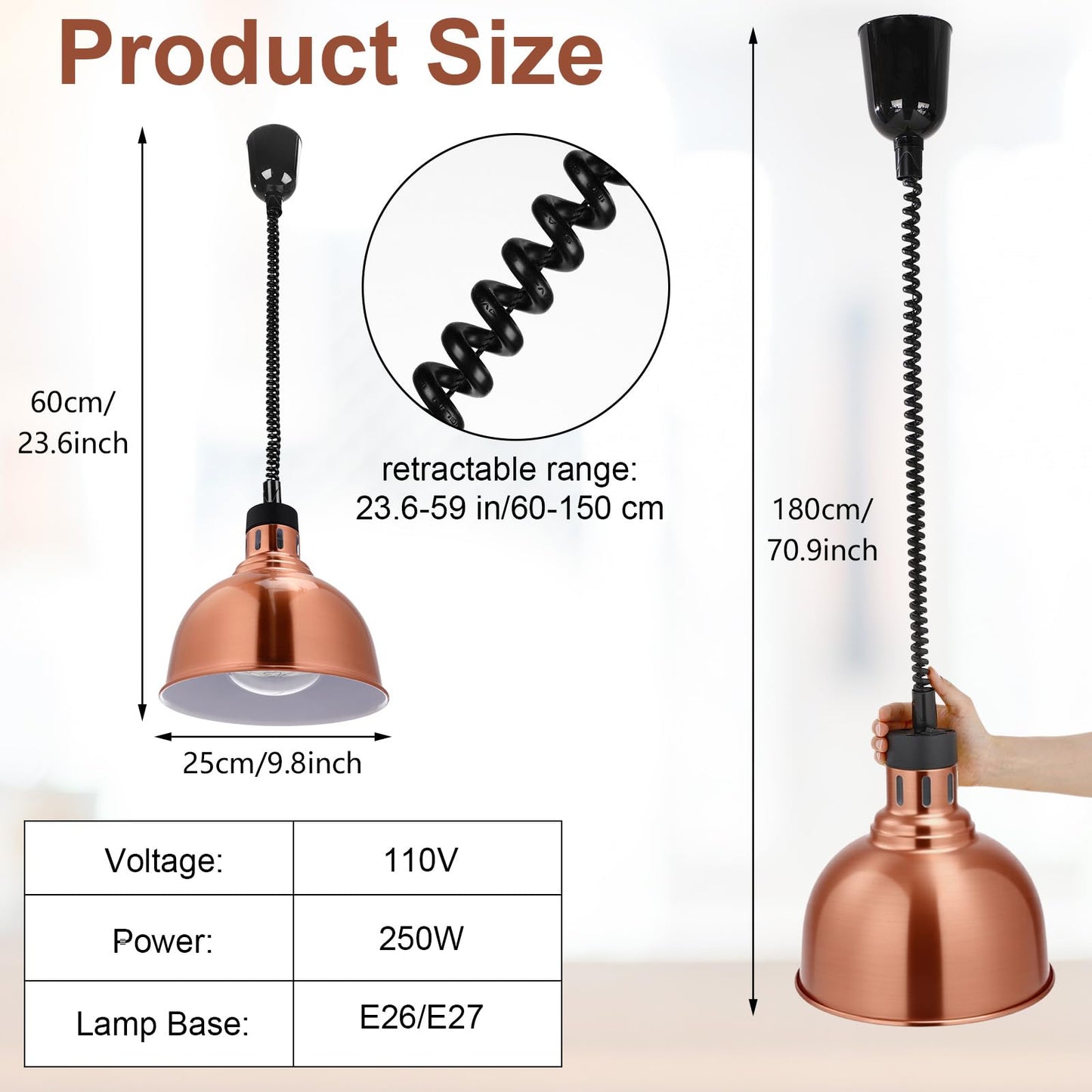 Nuanchu 2 Pack Hanging Food Heat Lamp Retractable with 250w Heating Bulb Commercial Infrared Food Service Warmer Fry Heating Light for Buffet Restaurant Kitchen Use(Copper,Dia 25cm)