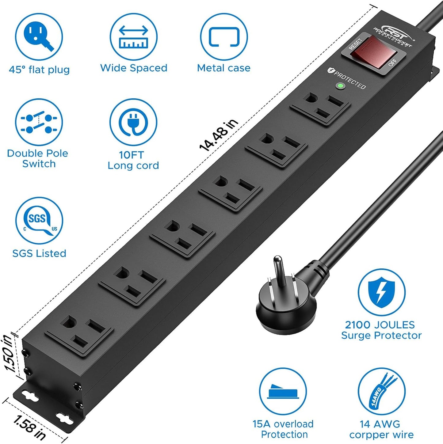CRST 6 15A/1875W 2100Joules, 10 Outlet Heavy Duty Power Strip with Switch, Metal Mountable Power Strip Surge Protector