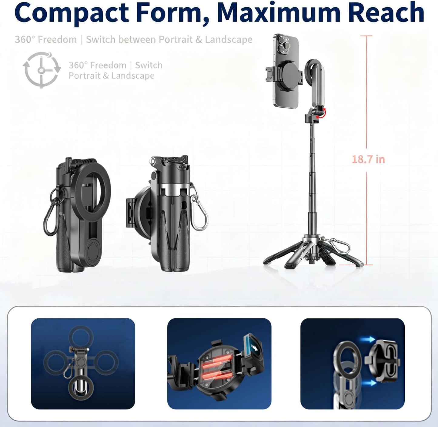 AntoFlash for Magnetic Tripod Stand for iPhone Pocket-Size Selfie Stick Mag-Safe Tripod Phone Holder with Wireless