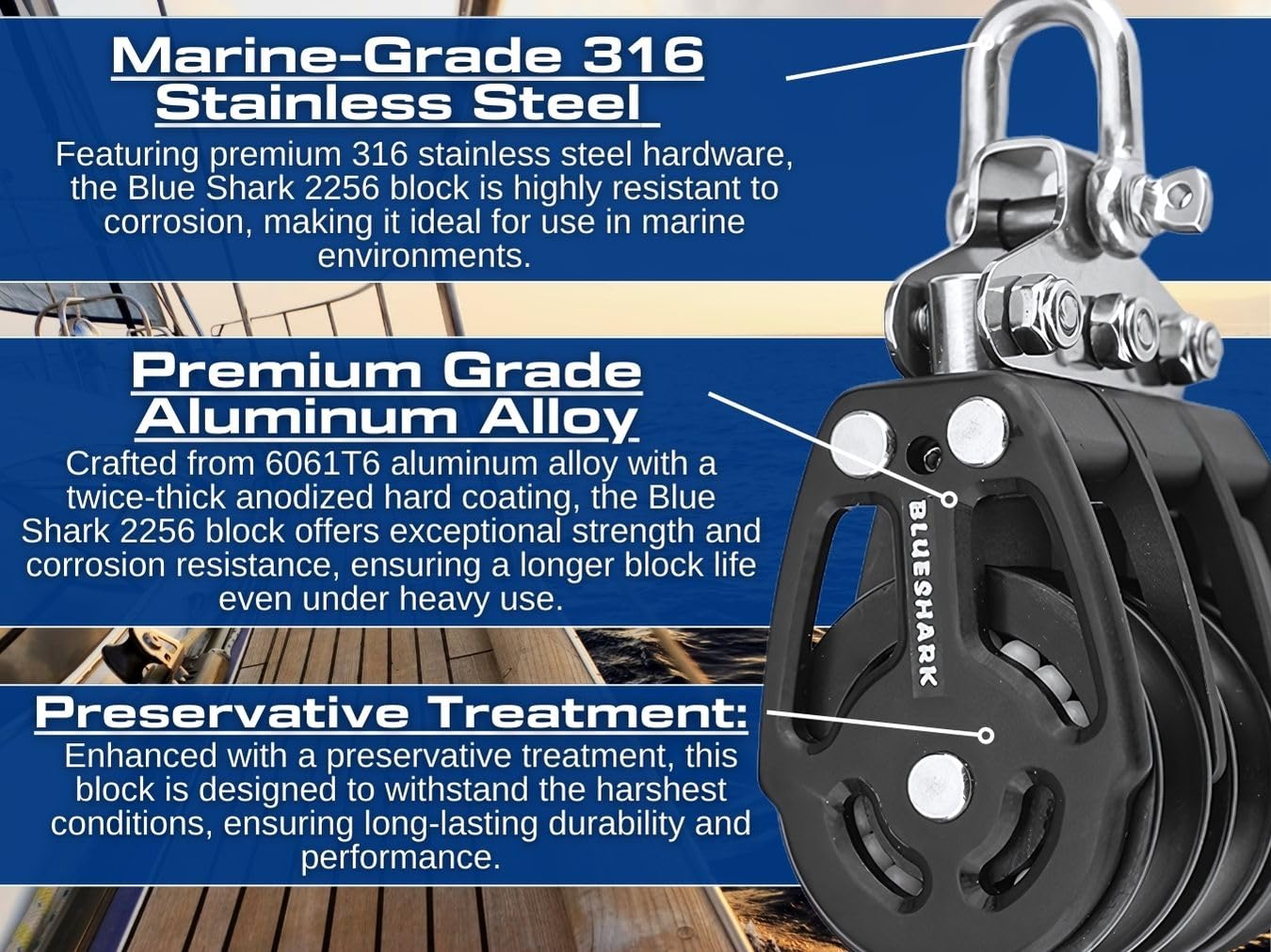 Blue Shark: Sailboat Blocks Aluminum 38mm Triple 2256