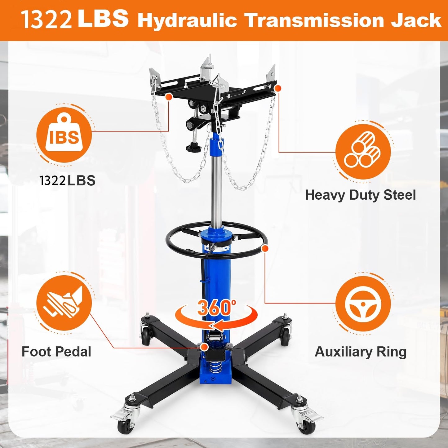 COZONY Transmission Jack, 1322lbs (3/5 Ton), 2-Stage Hydraulic Telescopic Design, Lifts 34"-68", with Foot Pedal & 360° Swivel Wheels, Ideal for Garage and Car Lifting, Blue