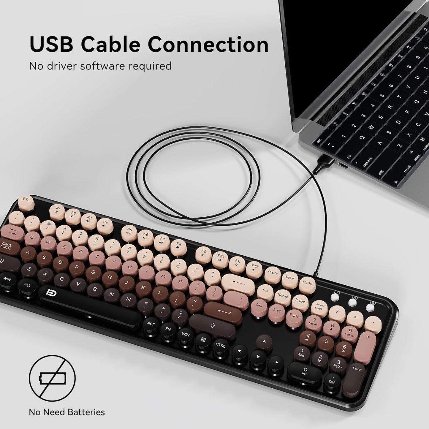 FOPETT 8870P 104 Wired Keyboard and Mouse Combo - Full-Sized Computer Keyboards with Round Keys Retro Typewriter Mouse