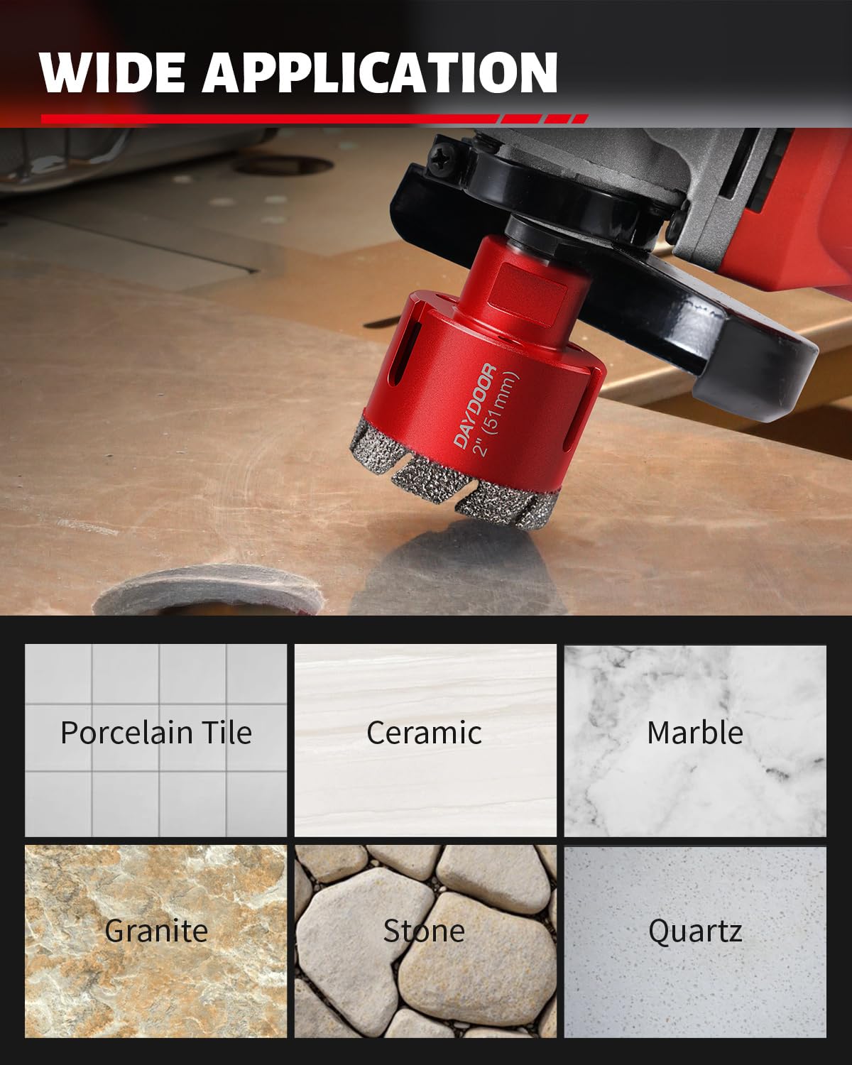 DAYDOOR Diamond Hole Saw Kit, 15-Piece Tile Hole Saw Kit 1/4" 5/16" 4/5" 1" 1-3/8" 2" 3" 4",Vacuum Brazed Core Drill Bits for Porcelain Tile, Granite, Marble, Stone(Red)