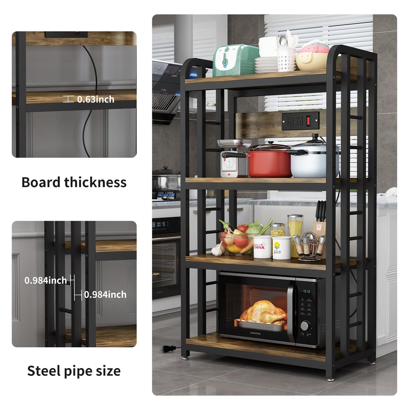 SIREDEEP Bakers Rack with Power Outlet ，4-Tier Kitchen Baker's Rack,Microwave Stand with Storage Suitable for Kitchen, Living Room, Dinning Room，Coffee Bar(Rustic Brown)