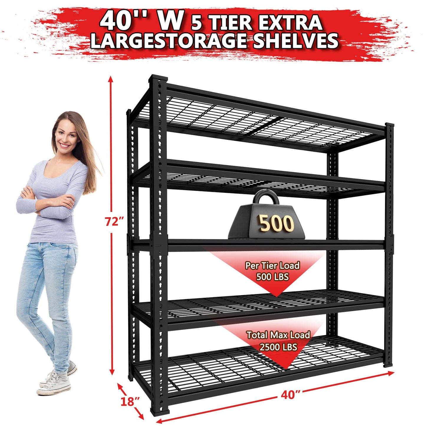 Storage Shelves, Garage Shelving Heavy Duty 2500 LBS Capacity, 40"L x 18"W x 72"H Adjustable Metal Shelving Organizer Wire Rack, 5 Tier Utility Shelf Unit for Pantry Closet Warehouse Organization