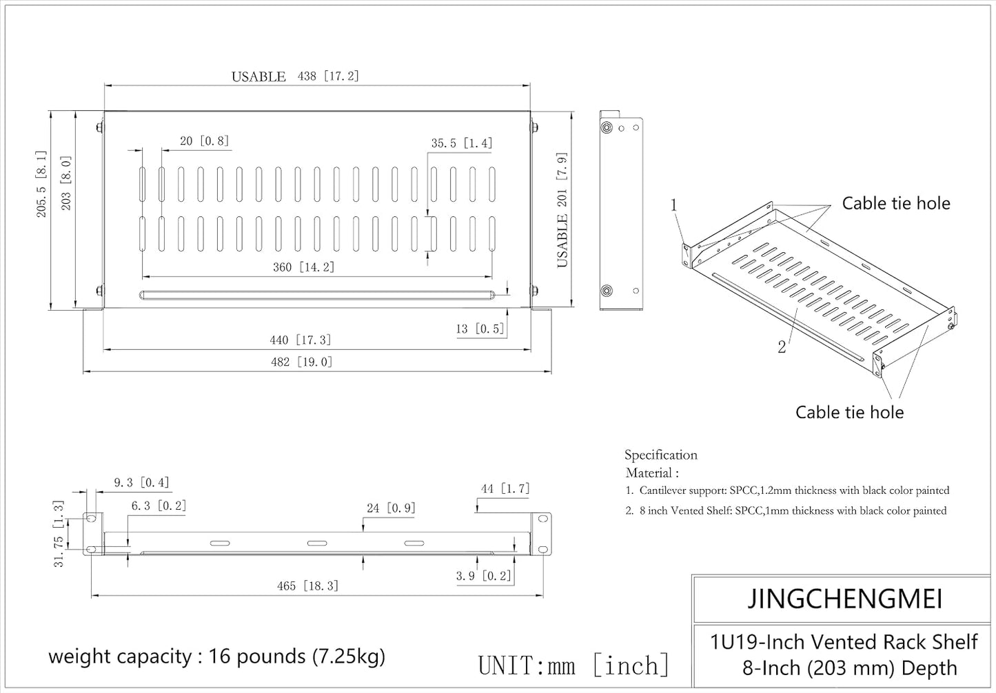 JINGCHENGMEI 1U 19 Inches (8 Inches Disassembled Vented Rack Shelf Universal Rack Tray No Lip for Network Cabinet