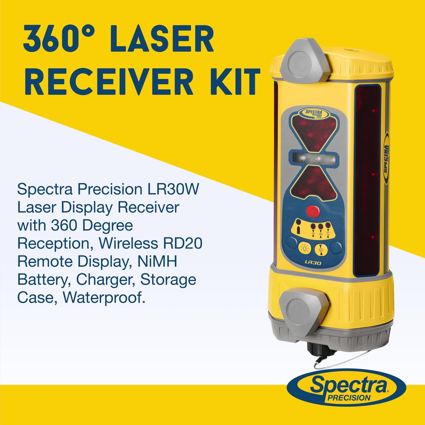 Spectra Precision LR30W Laser Display Receiver with 360 Degree Reception, Wireless RD20 Remote Display, NiMH Battery, Charger, Storage Case, Waterproof