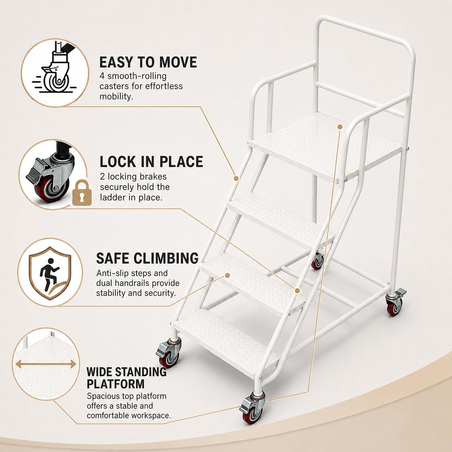 4 Step Rolling Ladder with Handrails, 880 lbs Capacity Heavy Duty Steel Mobile Warehouse Ladder with Locking Wheels, Non-Slip Rolling Stairs with Large Platform for Garage, Stockroom, Library