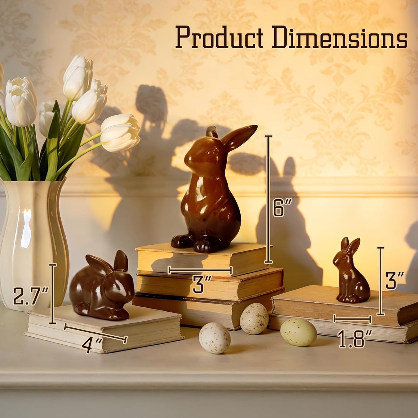 Rabbit Decor Ceramic Chocolate Bunny Figurines - Set of 3 Cute Home Table Centerpieces for Living Room & Office