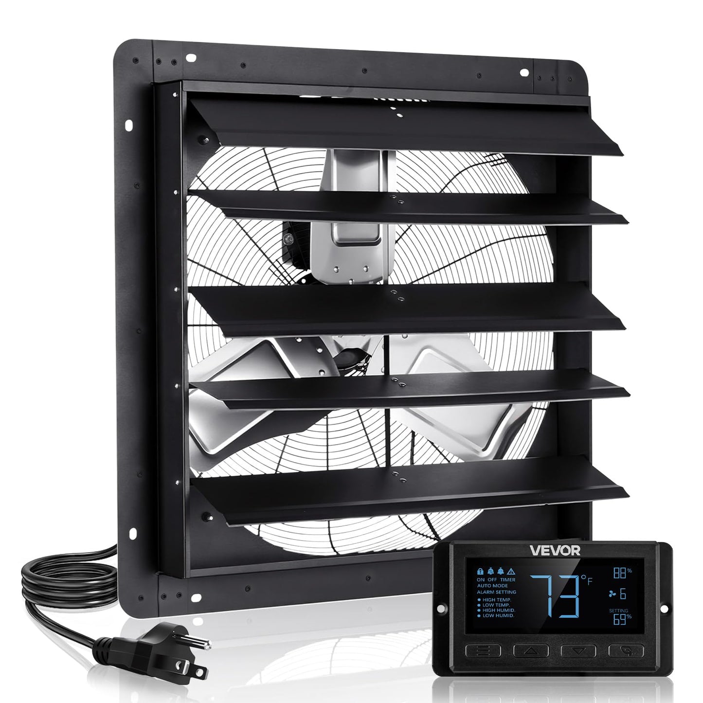 VEVOR 24 inch Exhaust Fan, Wall Mounted Attic Fan with Variable Speed, Temperature & Humidity Controller, 4800 CFM, Automatic Shutter