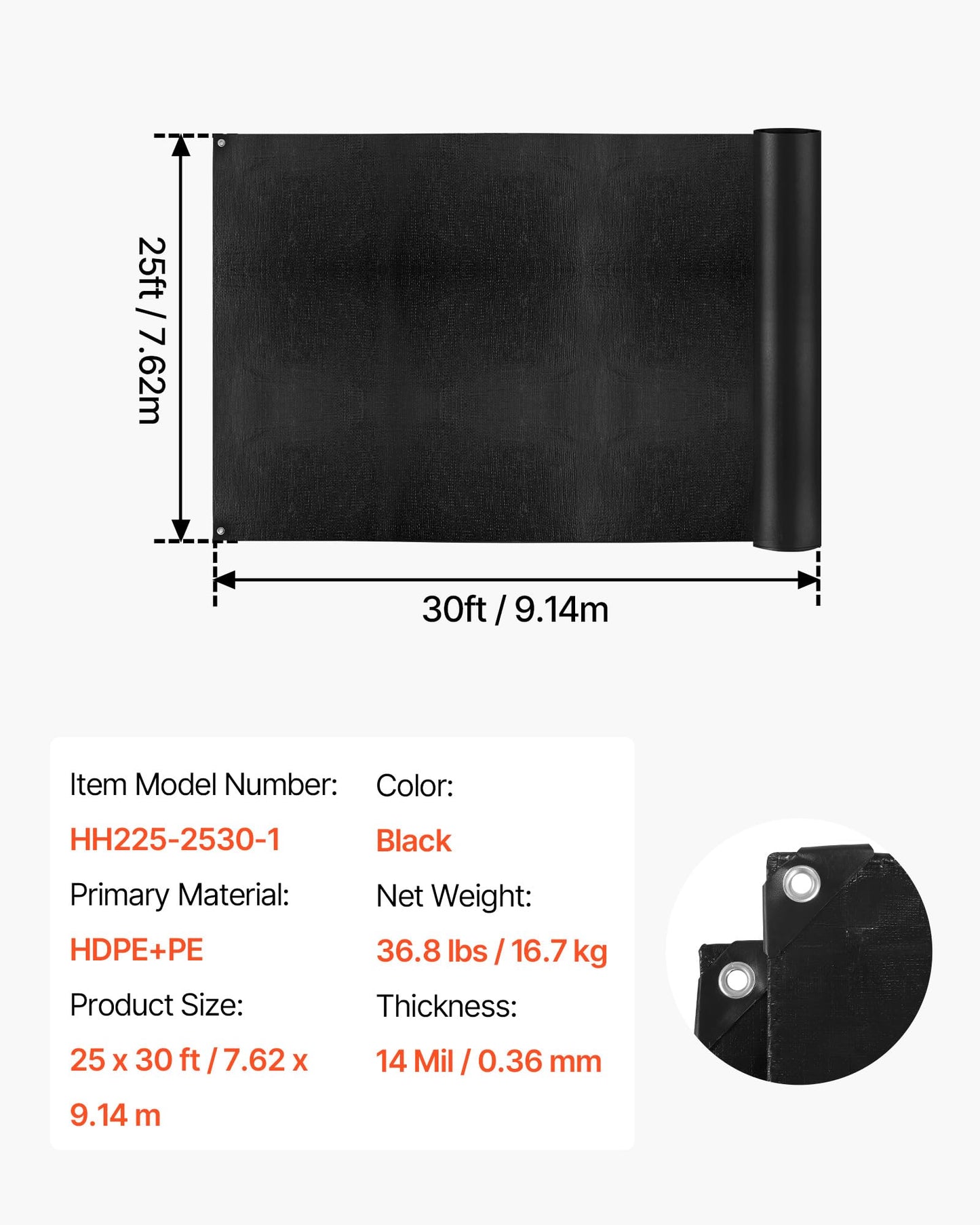 VEVOR 25 x 30 ft Pond Liner, 14 Mil Thickness, 3-Layer Reinforced PE Fish Koi Pond Liner for Outdoor Ponds, with Hemmed Edge and 4 Metal Buttonholes, for Water Garden, Waterfall, and Fountains, Black