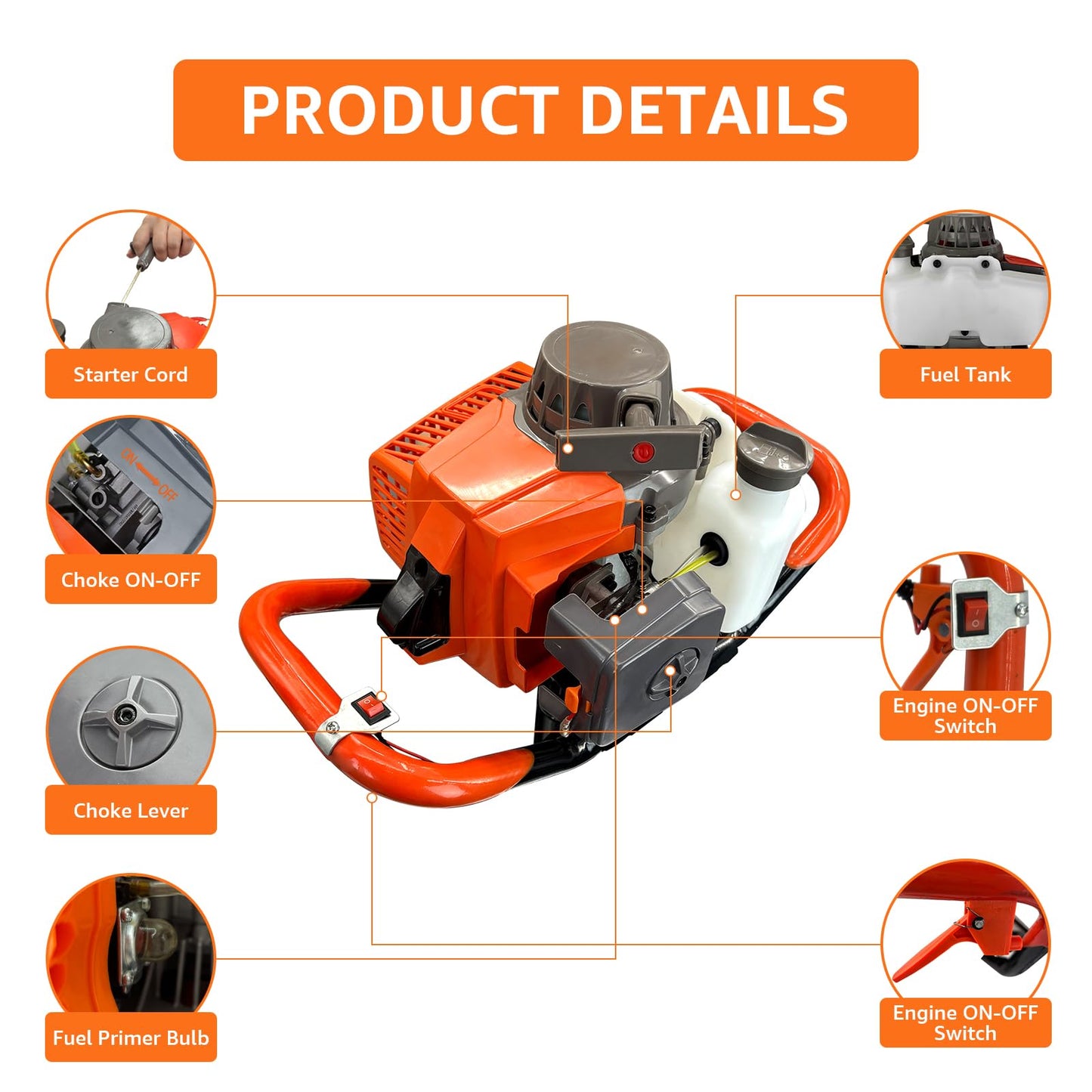 XJADQW 85CC 2-Stroke Gas Powered Post Hole Digger with 4" & 8" & 12" Auger Bits + 24“ & 24" Extension Rod, Heavy Duty Earth Auger for Farm, Garden, Landscaping, Construction