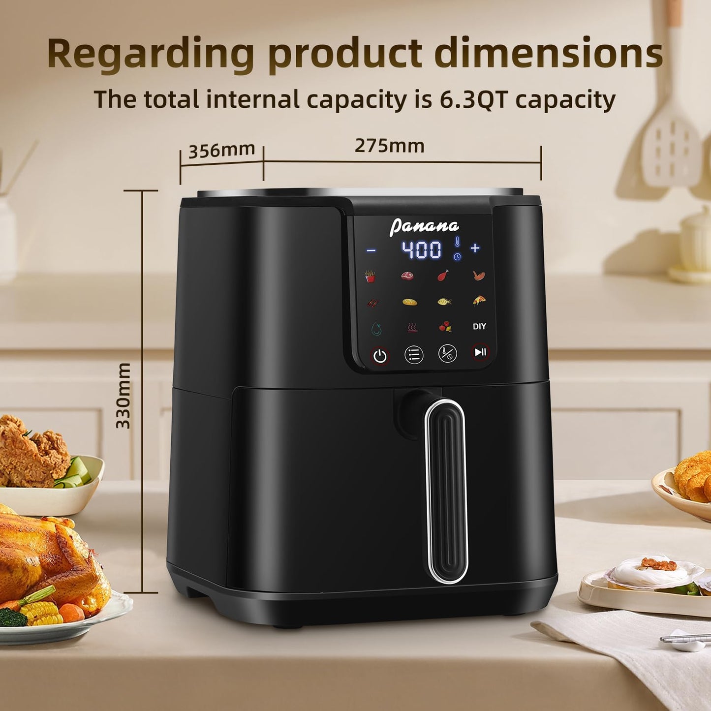 Panana Air Fryer, 6.3QT Large Capacity Air Fryer, Oilless Healty Cooker Airfryer Oven with 12 Presets, 1500W Air Fryers for Quick Meal, Home Use (Black)