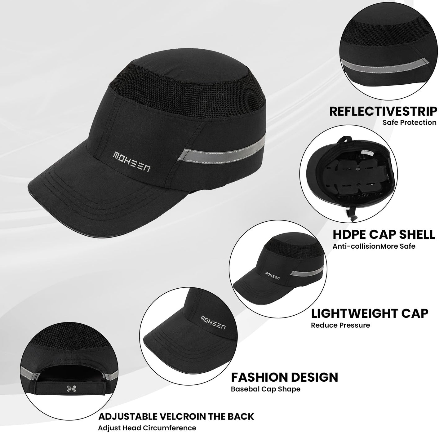 Unisex Safety Bump Cap - Lightweight and Breathable Baseball Style Protective Hat with Reflective Stripes Black Long Brim,5Pcs