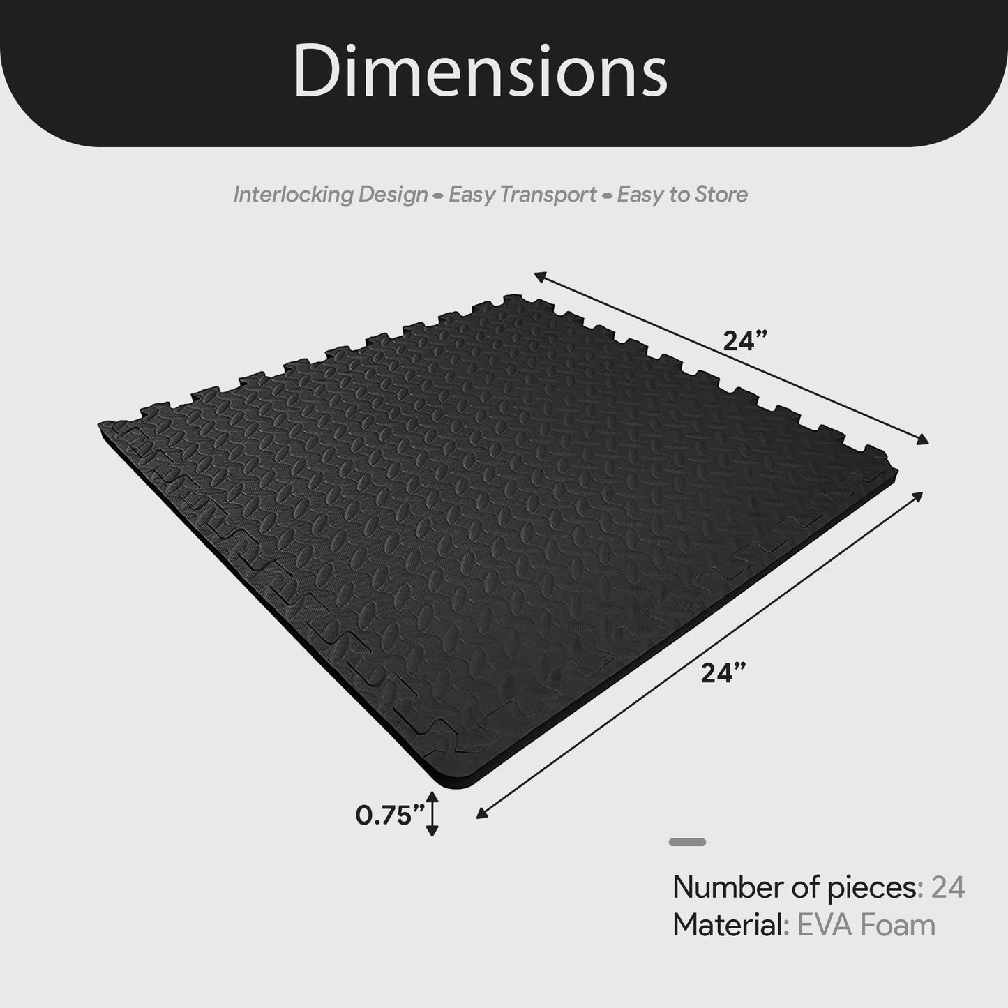 BalanceFrom Puzzle Exercise Mat 3/4" Thick, EVA Interlocking Foam Floor Tiles for Home Gym, Mat for Home Workout Equipment, Floor Padding for Kids, Black, 24 in x 24 in x 3/4 in, 96 Sq Ft - 24 Tiles