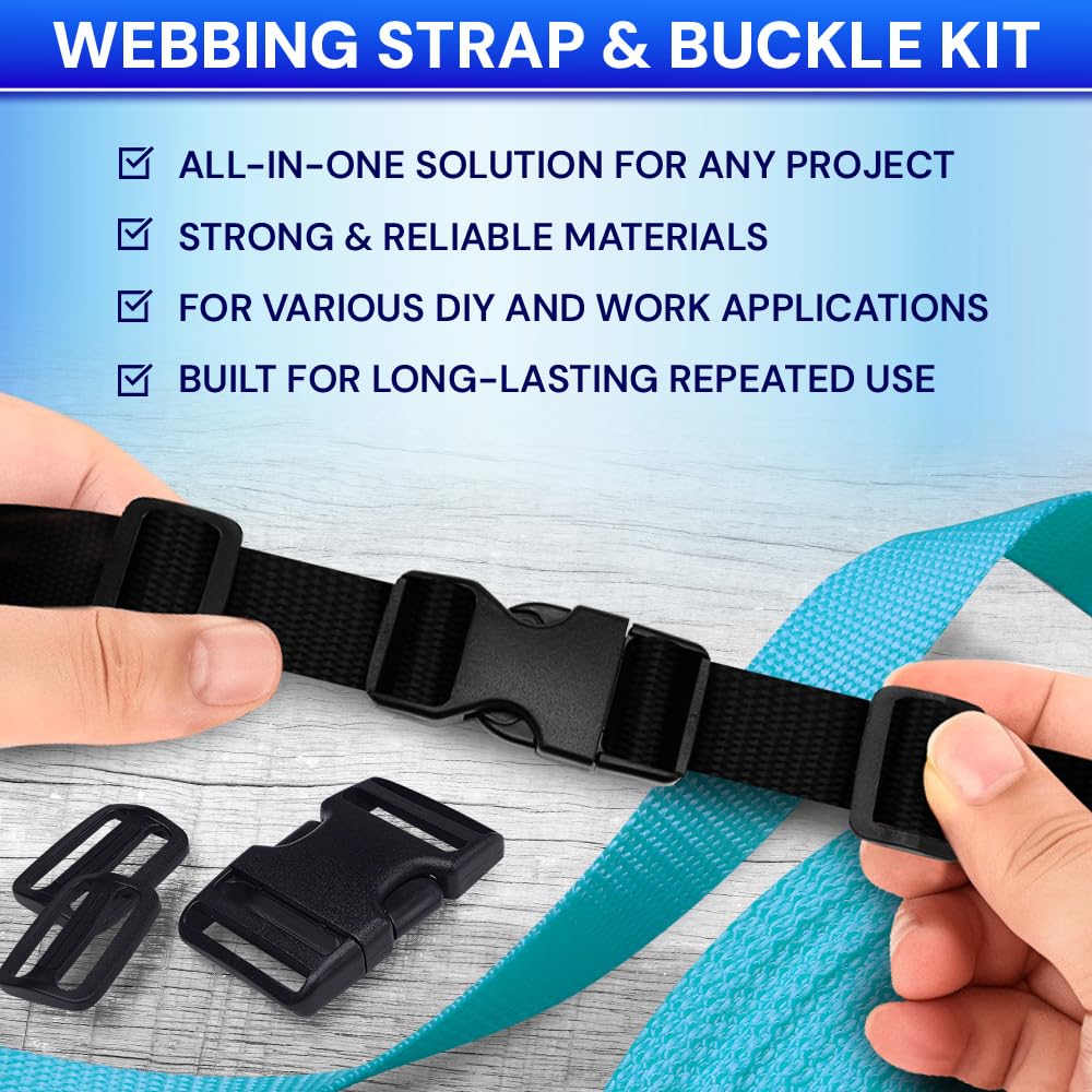 TECEUM Buckles & Strap Kit – 1" Black Nylon Webbing 6 (yd) – 6 Heavy Duty Adjustable Plastic Buckles – 12 Tri-Glide Slide Clips – 6 Metal D-Ring – Ideal Straps for Arts Crafts Outdoors Indoors DIY