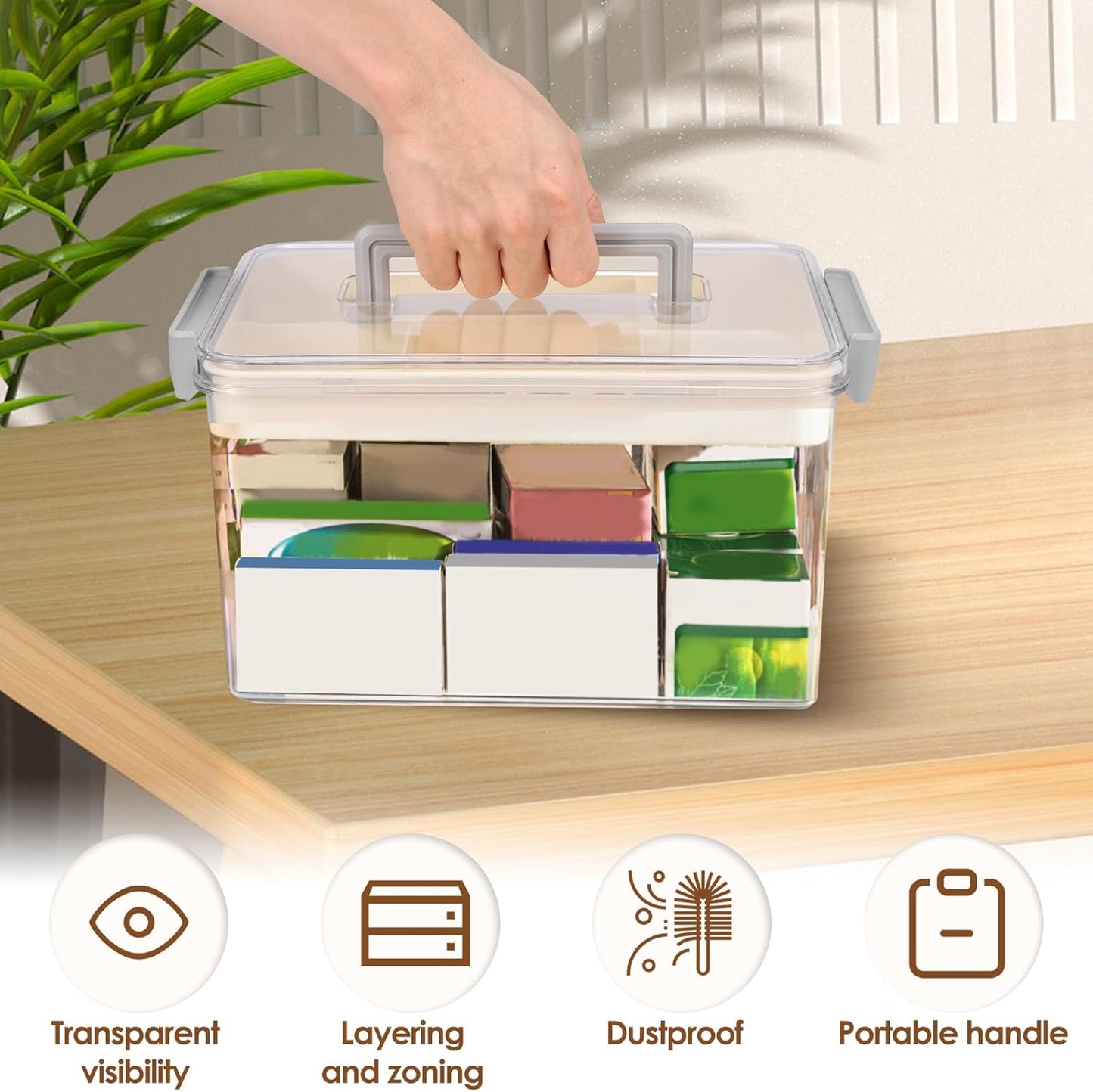 Skiennix Medicine Organizer Storage Box - Durable Plastic First Aid Container with Handle | Transparent Design
