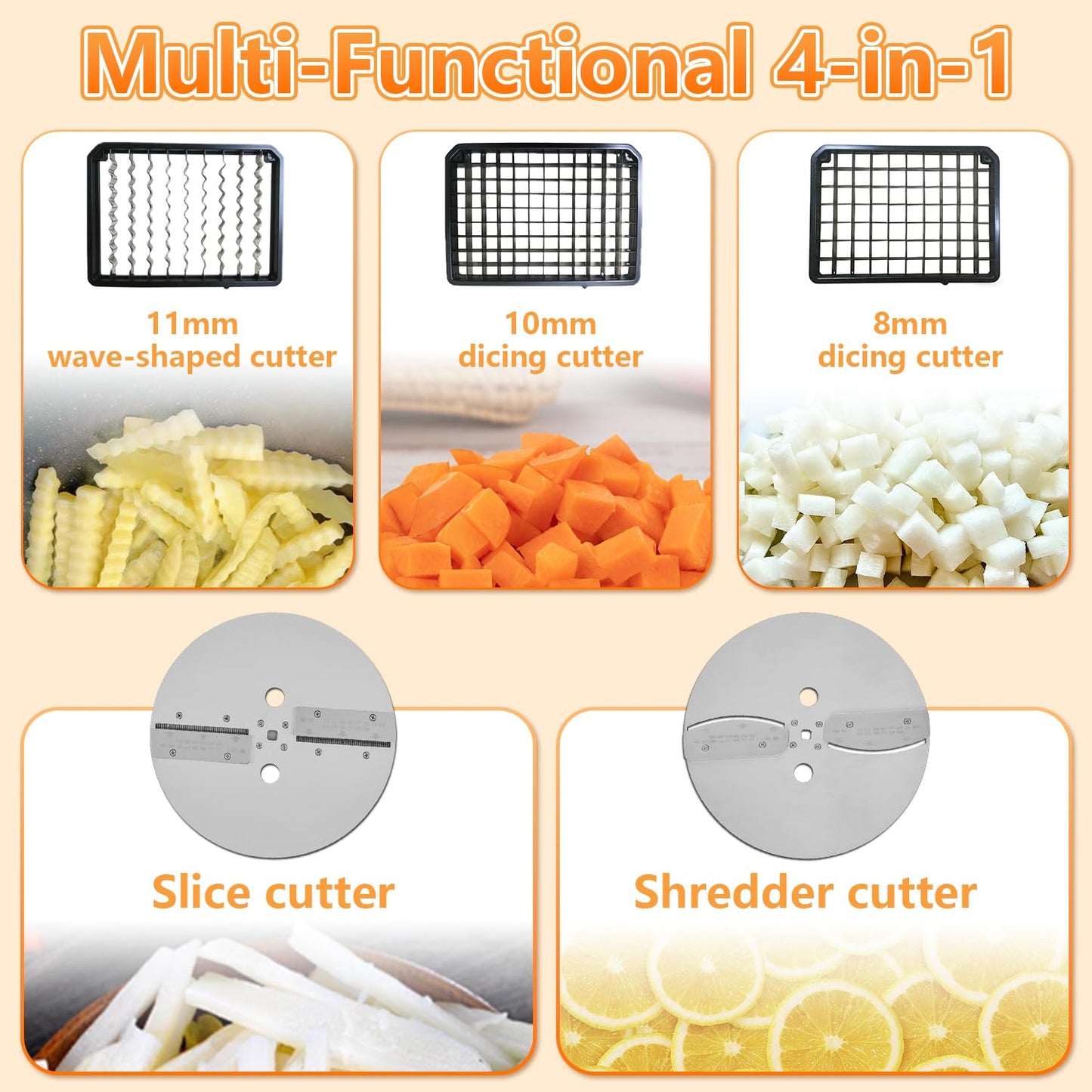 4 in 1 Commercial Vegetable Processor, 200W Electric Veggie Fruit Slicer Dicer Shredder & Strip Crinkle Cutter All Stainless Steel 110volt, for Commercial Home Use