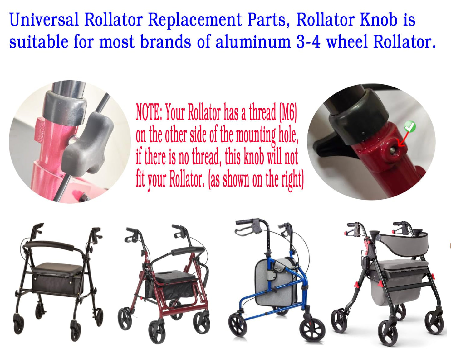 Rollator walker replacement knobs,Universal Rollator Height Adjustment Knob,Deluxe Aluminum Rollator Accessories - 3 Point Knob W/Bolt, Rollator Parts,Ergonomic design,Comfortable and good.(1Pr Black)