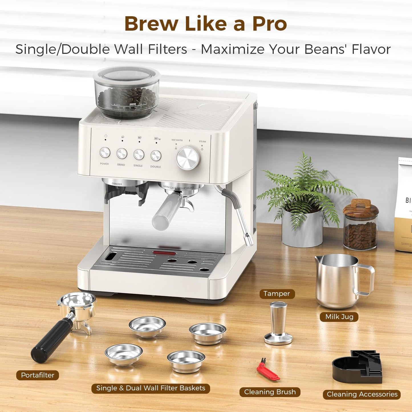 COWSAR 15-Bar Expresso Coffee Machines, Commercial Espresso Machine with Grinder, Milk Frother/Steam Wand & Tamping Tools for Cappuccino & Latte - White