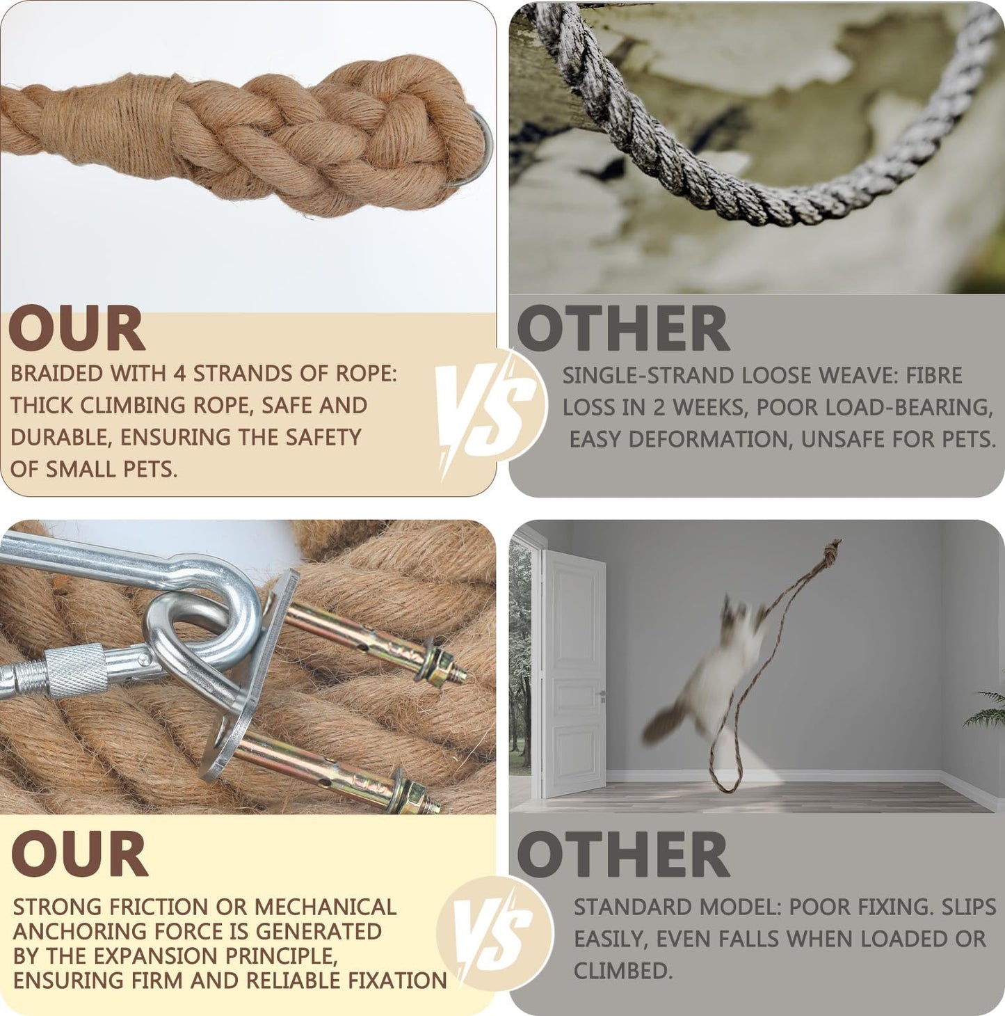 GINDOOR 2" x 9.8Ft Cat Climbing Rope with Hook, Natural Sisal Ropes for Ceiling and Wall Mounted, Durable Space Saving Cat Climbing Jute Rope Toy with Scratching Kitten Rope for Indoor and Outdoor
