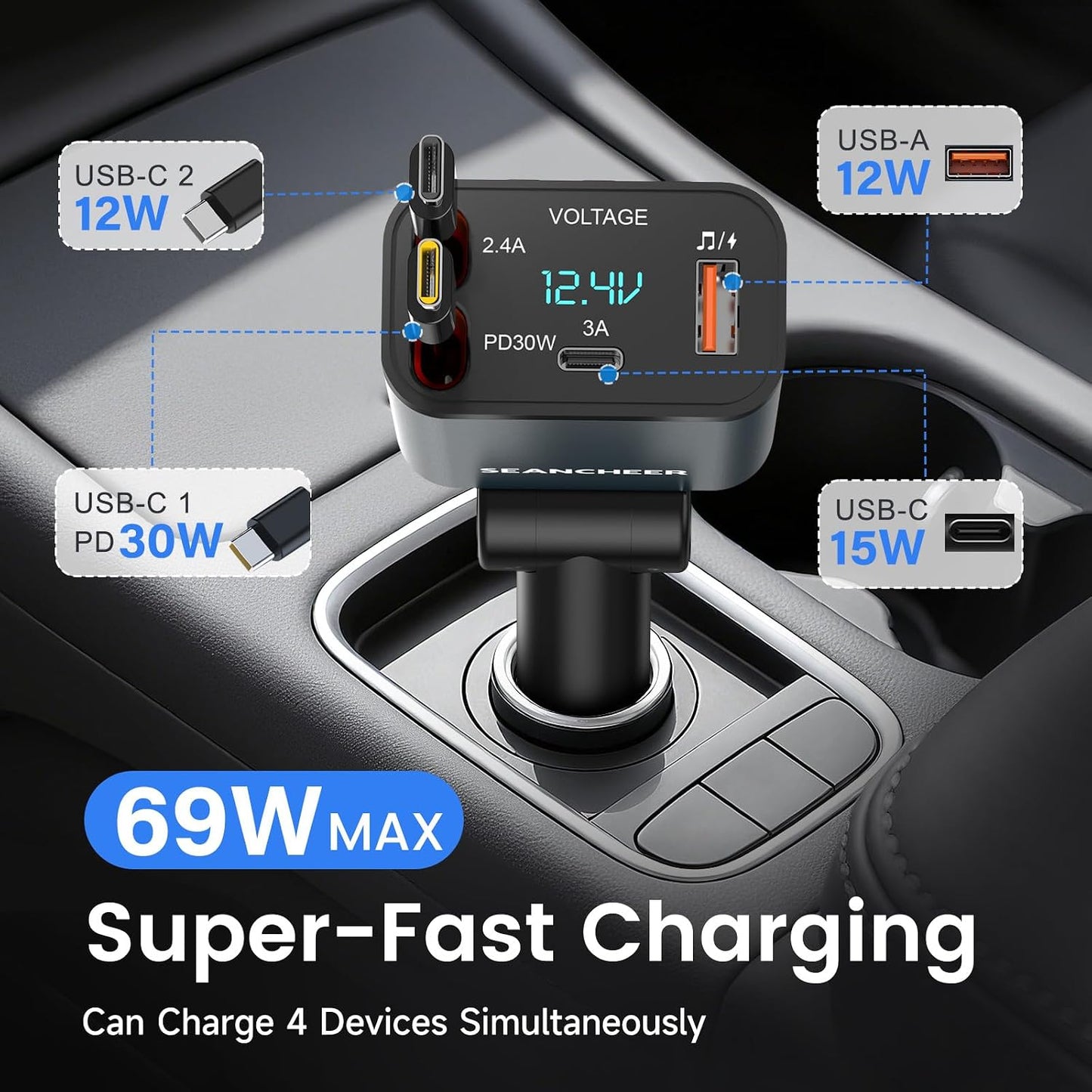 SEANCHEER 69W 2 5.3 MP3 Car Bluetooth Adapter & Car Charger USB C, Cigarette Lighter Adapter with Retractable Cables