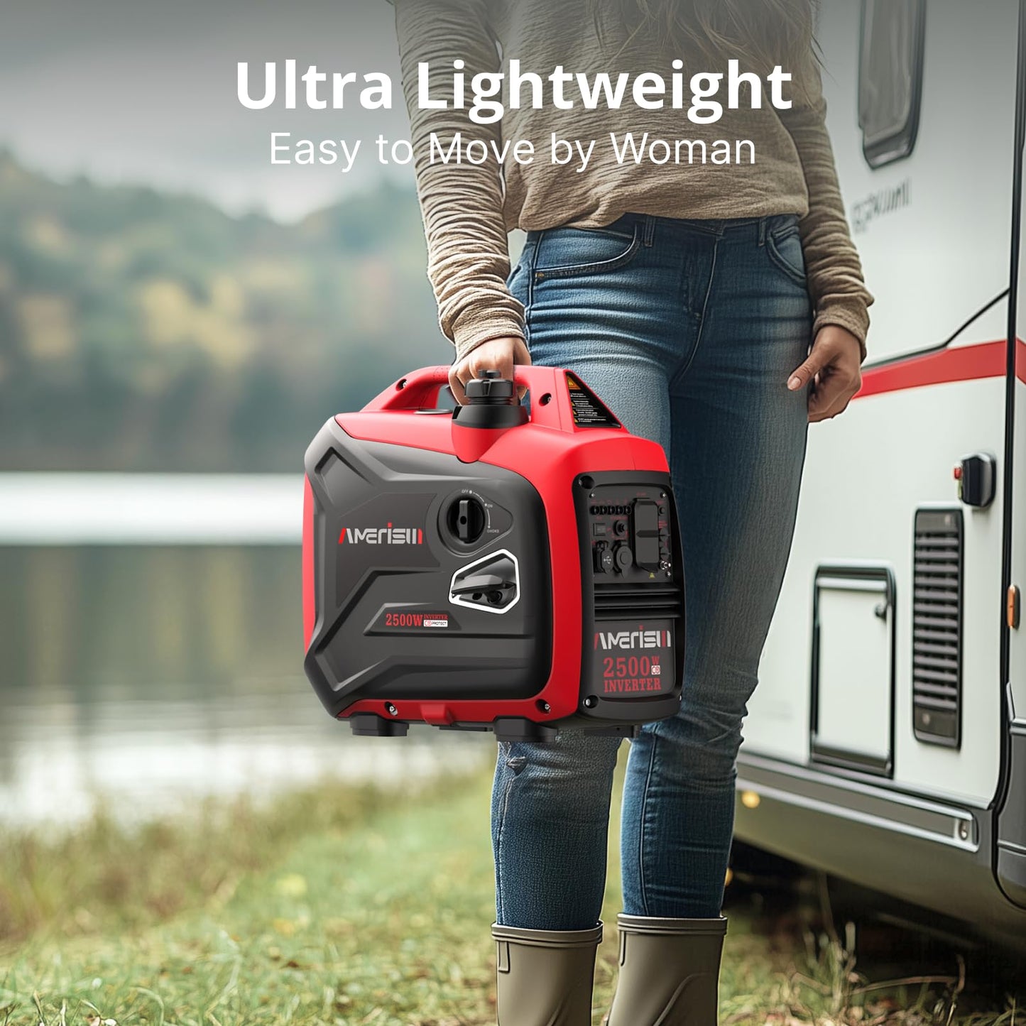 AMERISUN 2500-Watt Inverter Generator, Super Quiet & Lightweight Gas Powered Generator, CO Sensor, RV Ready Parallel Capable, Long Run Time for Camping, Tailgating and Home Use