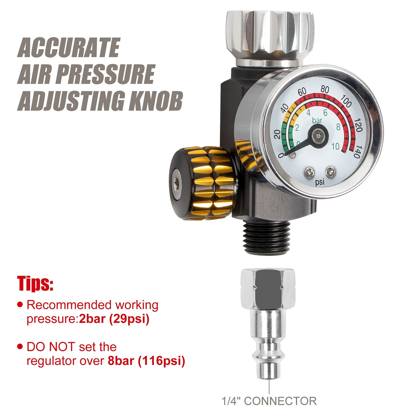 BEETRO HVLP Professional Gravity Feed Air Spray Gun, 280-320mm Wide Spray Pattern 1.3/1.4mm Nozzle with Air Control Valve, 1000ml Capacity 14CFM 29-32psi, 1/4 Adaptor and Filter